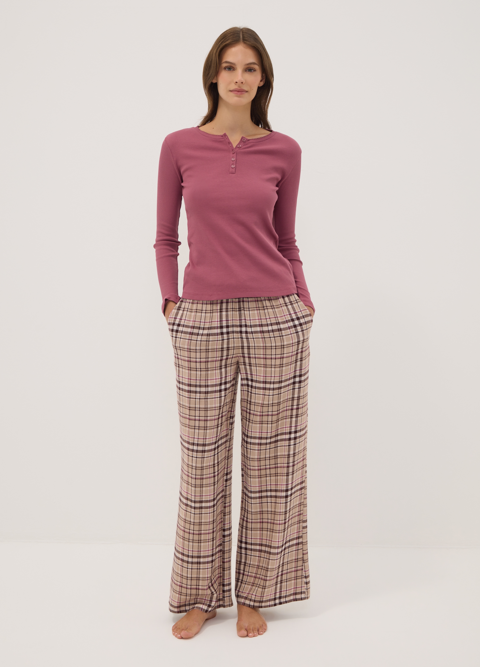 OVS, Pantaloni Pigiama Beige In Pura Viscosa A Quadri, Donna, Beige, Taglia: XS