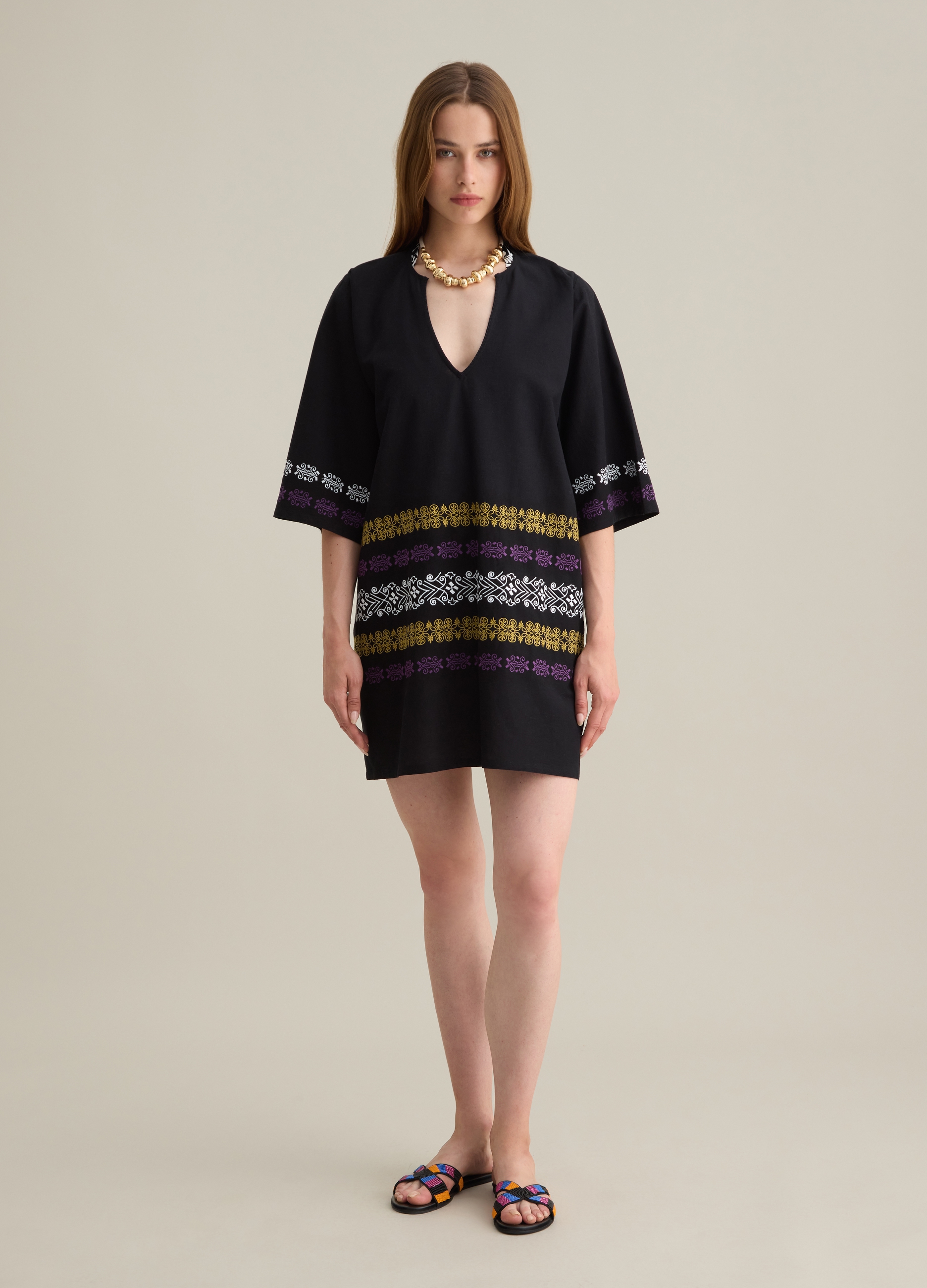 PIOMBO, Caftano Da Donna In Misto Cotone Nero, Nero, Taglia: S/M