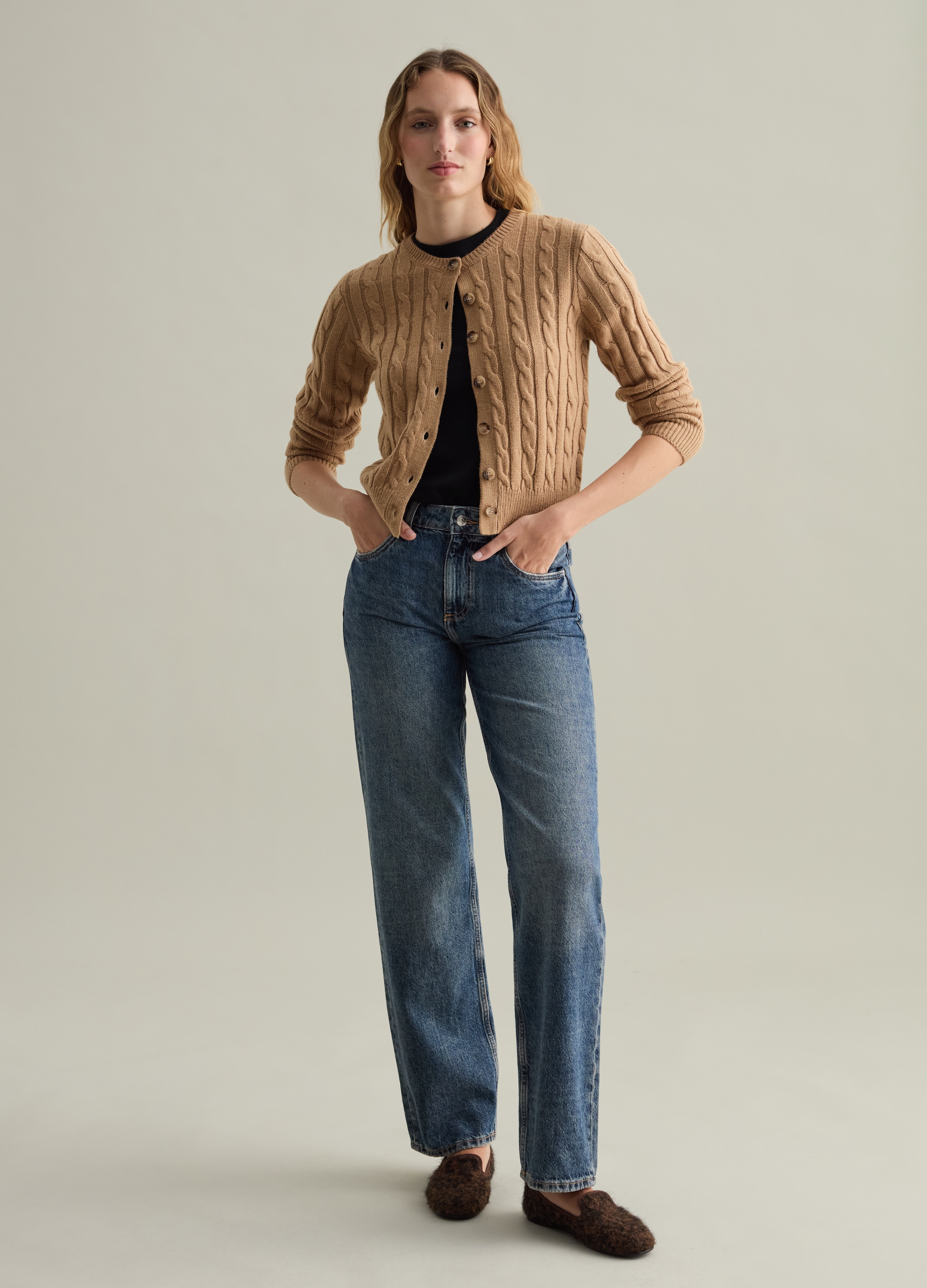 Cárdigan De Canalé Con Punto Trenzado, Mujer, Camello, Talla: 36