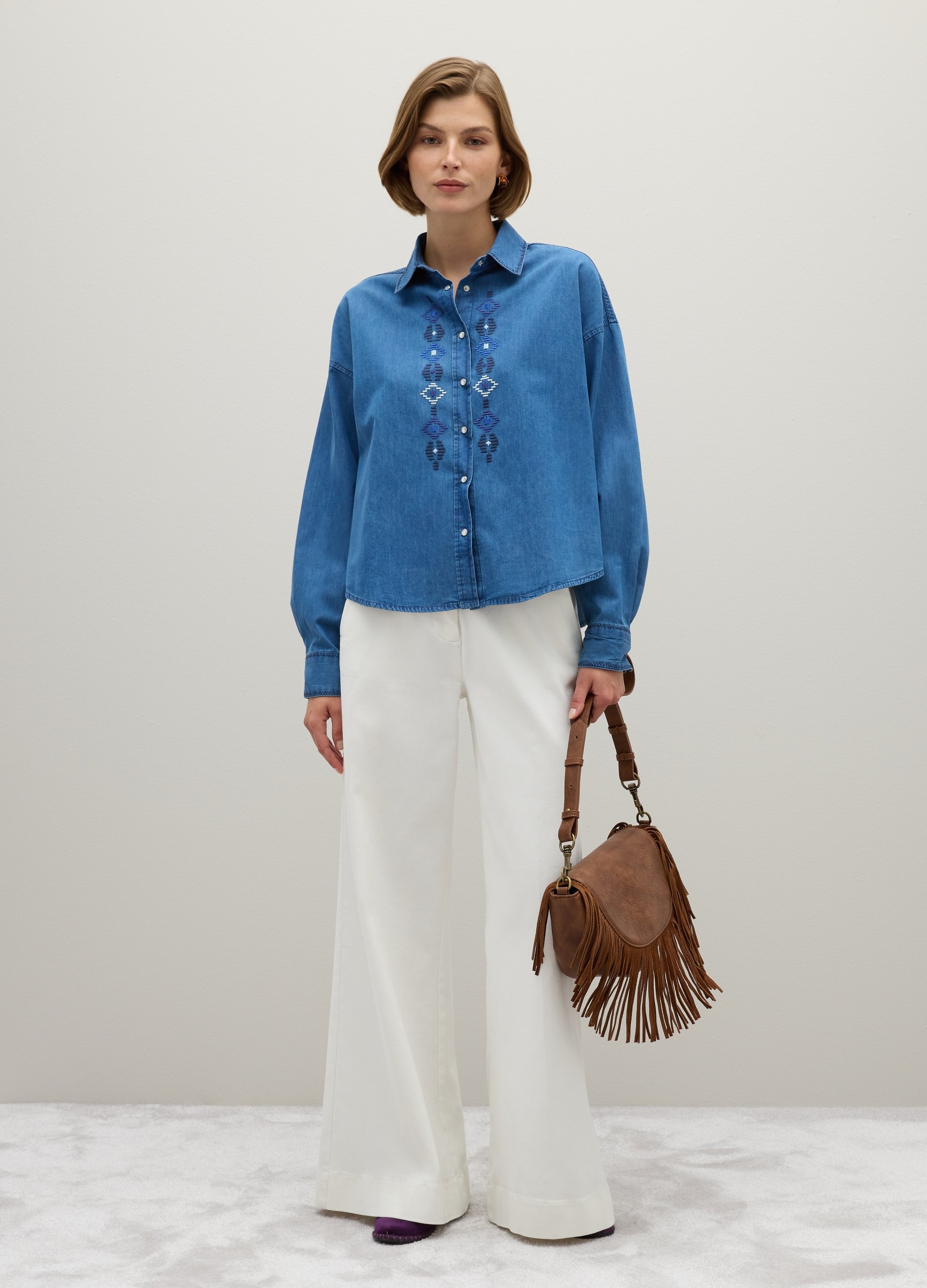 OVS, Camisa De Algodón Azul Con Bordados Geométricos, Mujer, Denim, Talla: XS