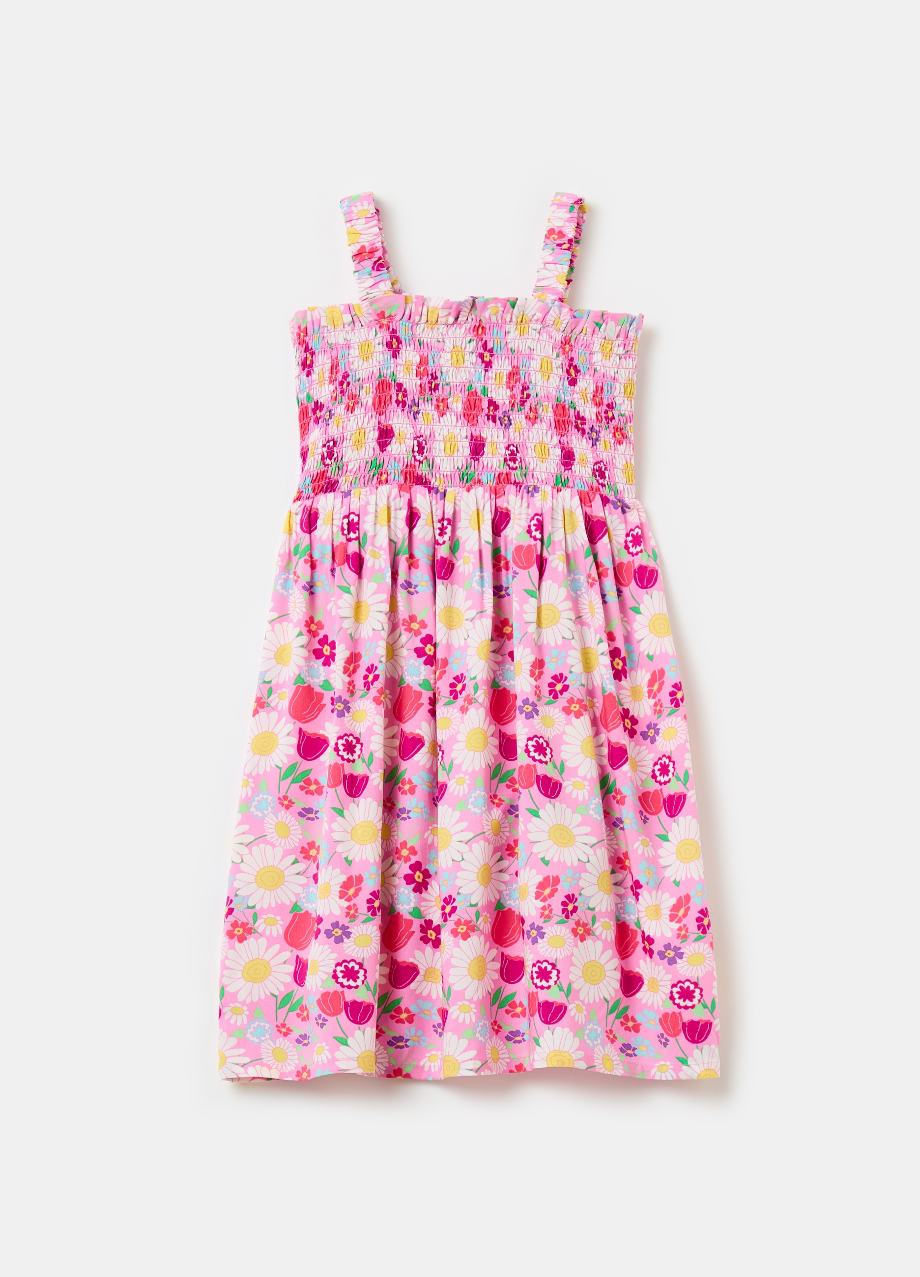 OVS, Vestito Floreale Con Punto Smock, Bambina, Rosa, Taglia: 4-5