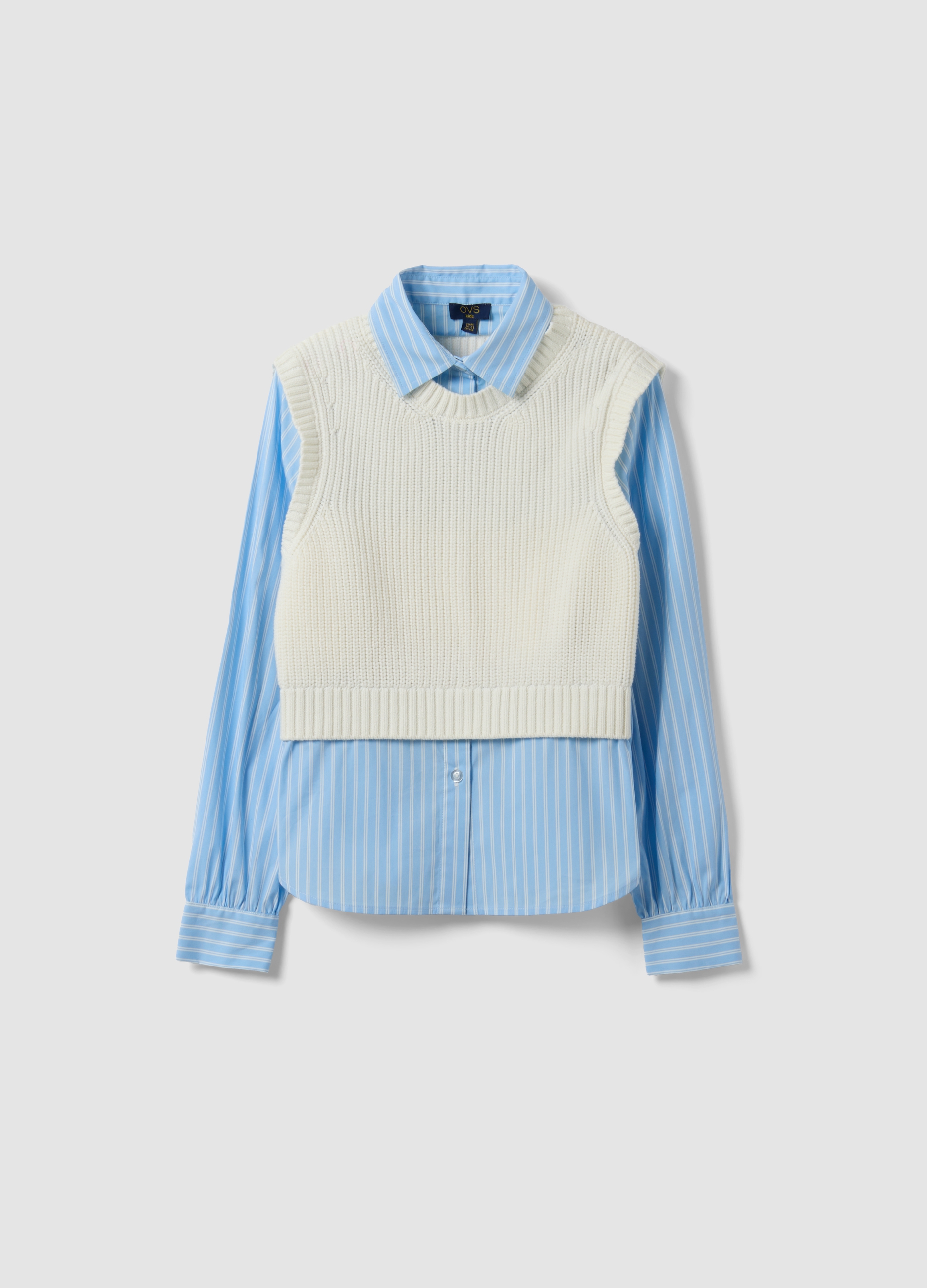 OVS KIDS, Camicia Azzurra In Puro Cotone Con Gilet A Maglia Per Ragazza, Bambina, Multicolor, Taglia: 11-12