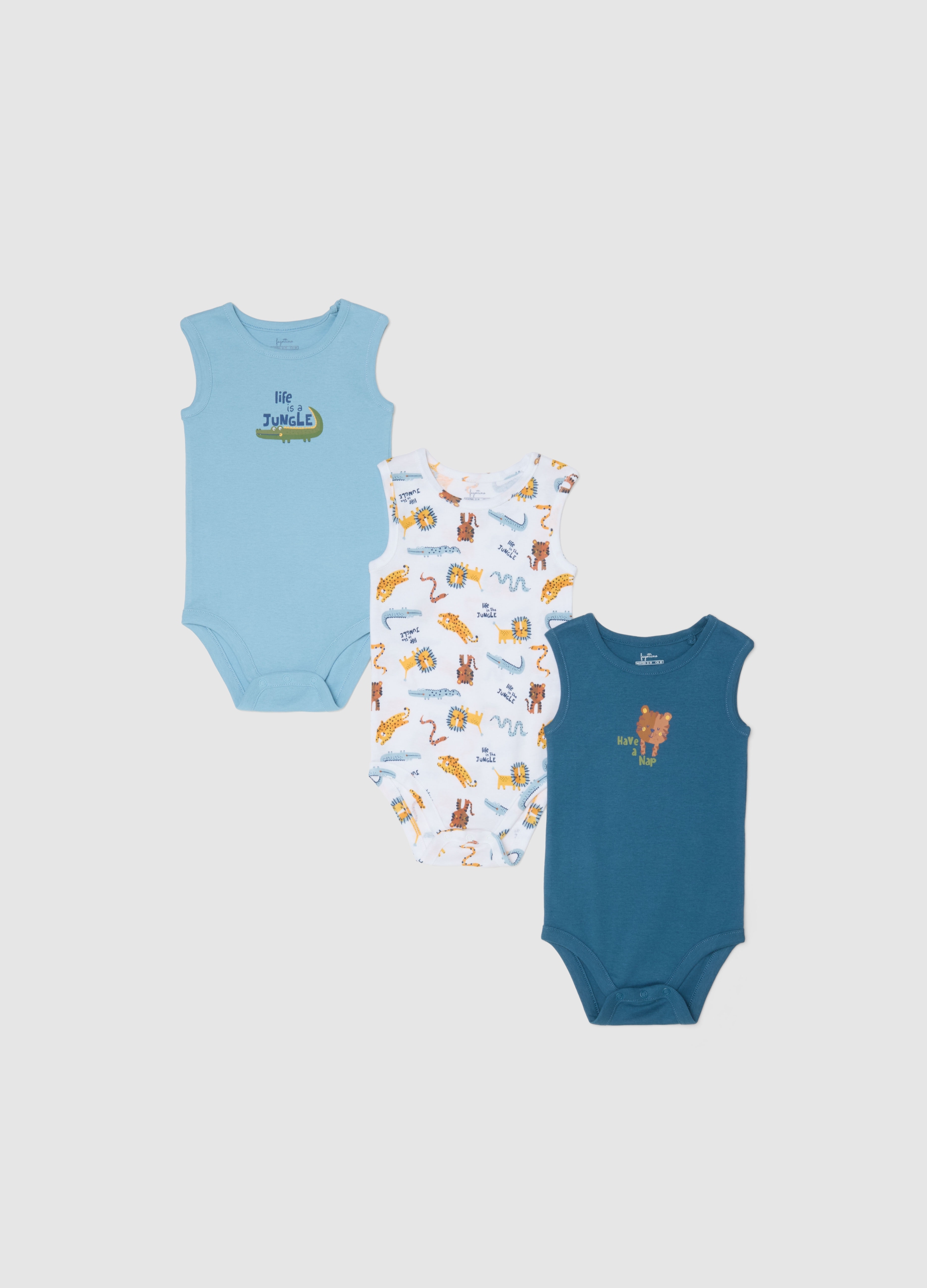 FAGOTTINO, Pack De Tres Bodys Sin Mangas De Algodón Puro Multicolor Para Bebé, Niño, Blanco/azul claro, Talla: 30-36