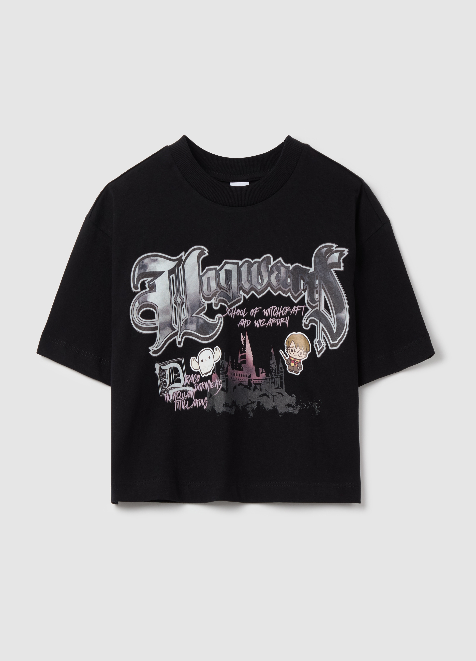 OVS, T-shirt Crop In Cotone Con Stampa Harry Potter, Bambina, Nero, Taglia: 13-14