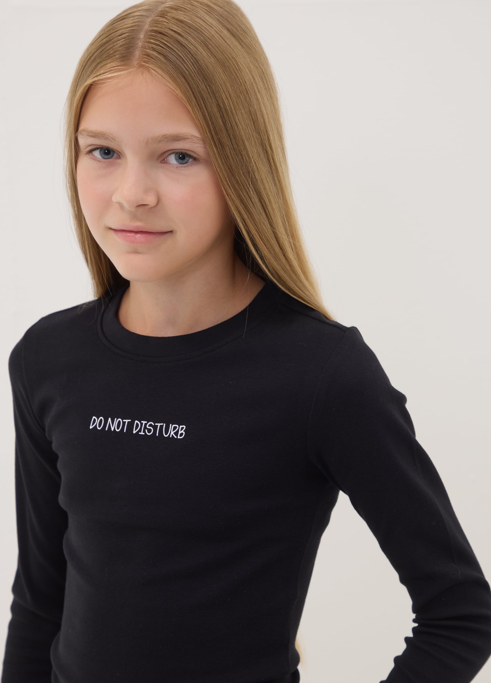 OVS KIDS, T-shirt Nera In Cotone Organico Elasticizzato Con Collo A Costine, Bambina, Nero, Taglia: 13-14