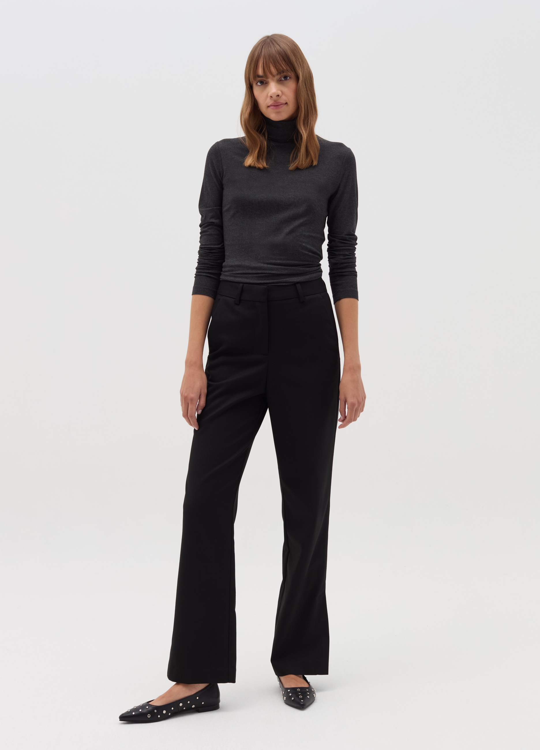 Camiseta De Cuello Alto De Manga Larga, Mujer, Gris oscuro jaspeado, Talla: 38