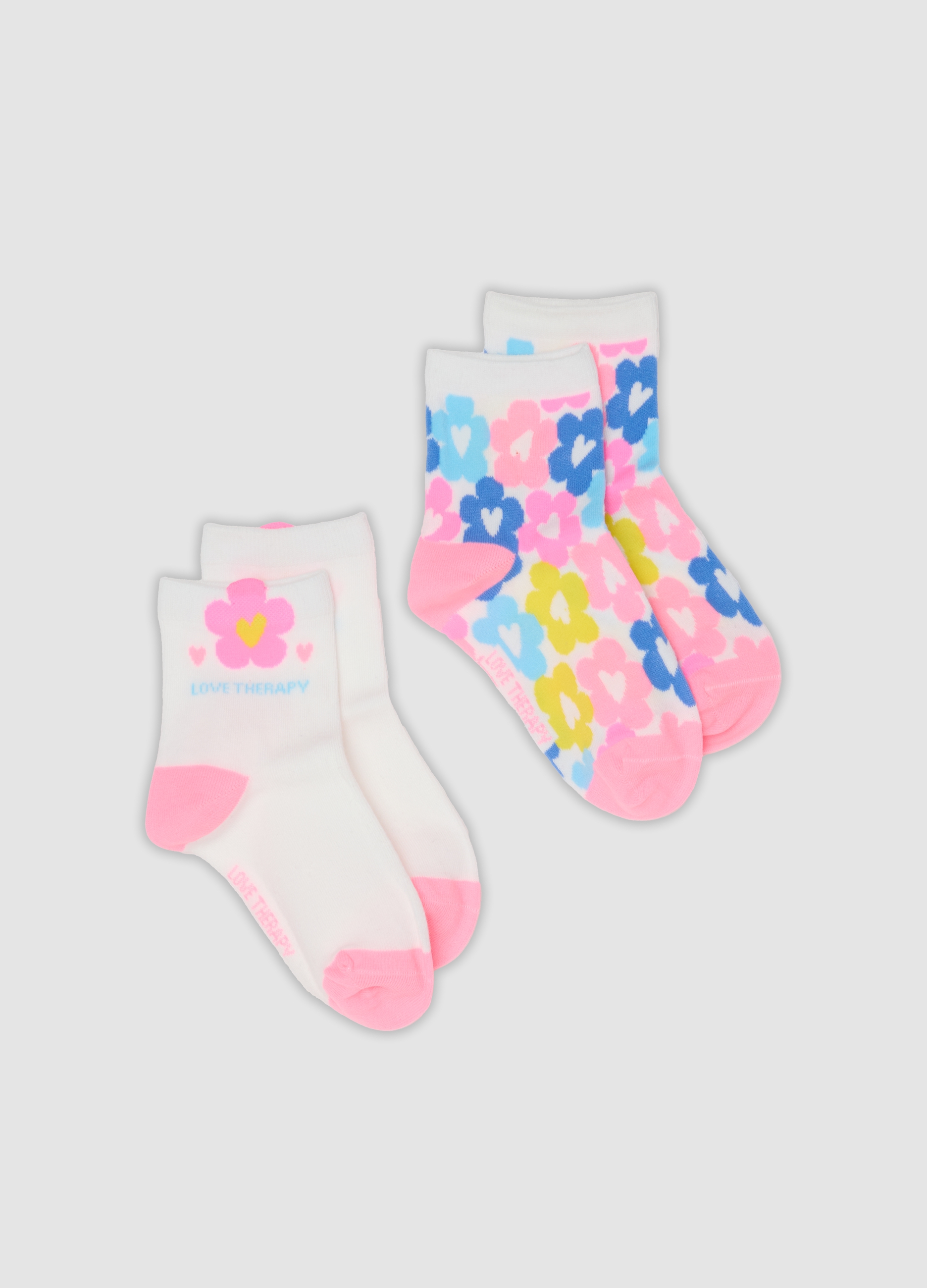 LOVE THERAPY, Bipack Di Calze Corte Bianche In Cotone Organico Elasticizzato Floreali, Bambina, Multicolor, Taglia: 31/33