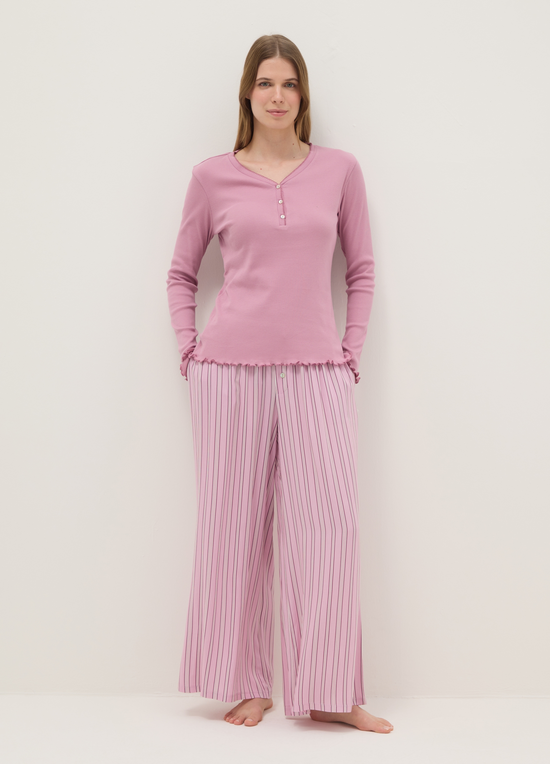 Ovs Damen Rosa Pyjamahose Aus Reiner Viskose Mit Streifen, Reguläre Passform, Frau, Größe: Xl