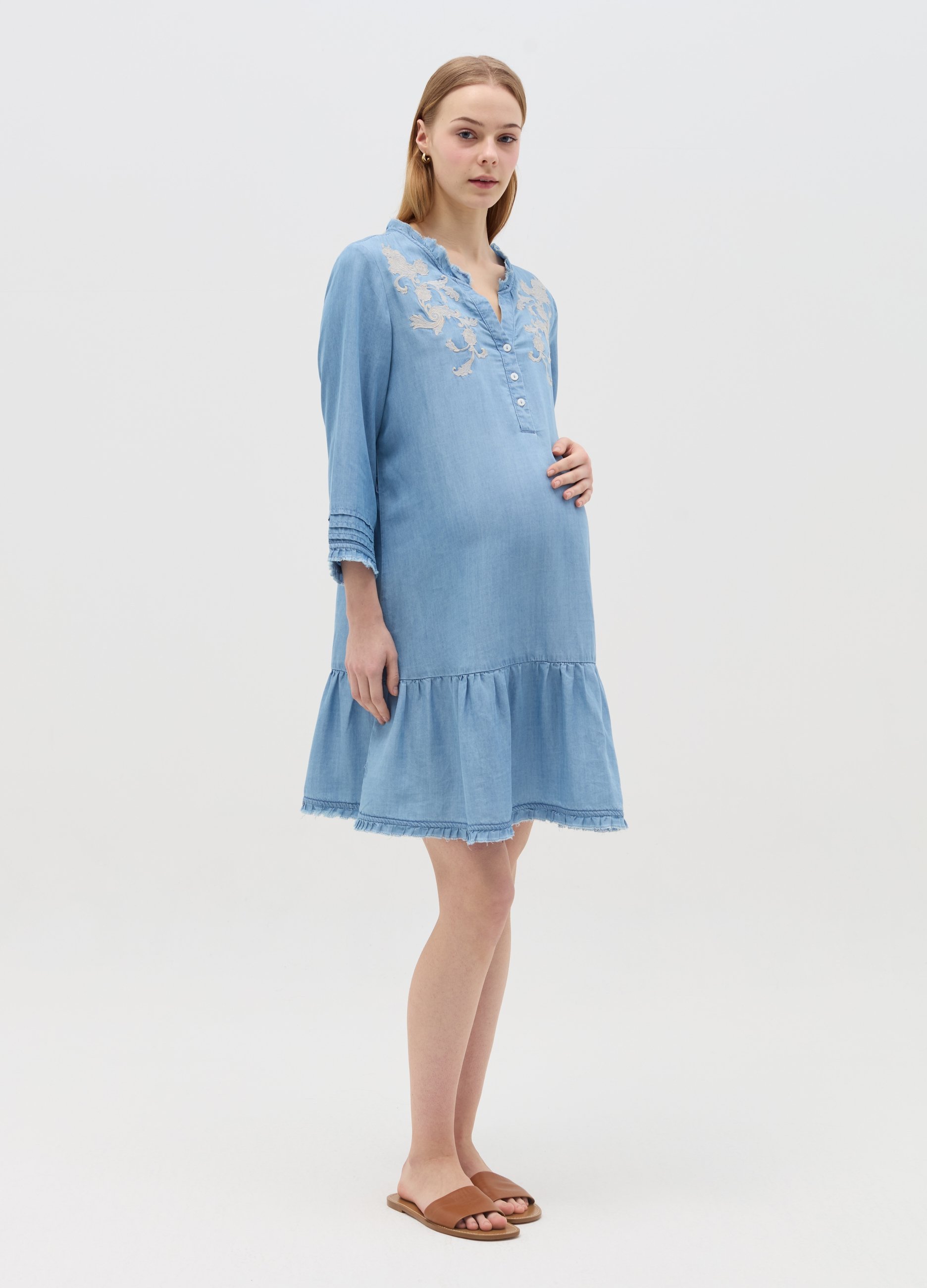 NICOL CARAMEL, Vestito Corto Premaman In Tencel Con Ricamo, Donna, Blu, Taglia: 40