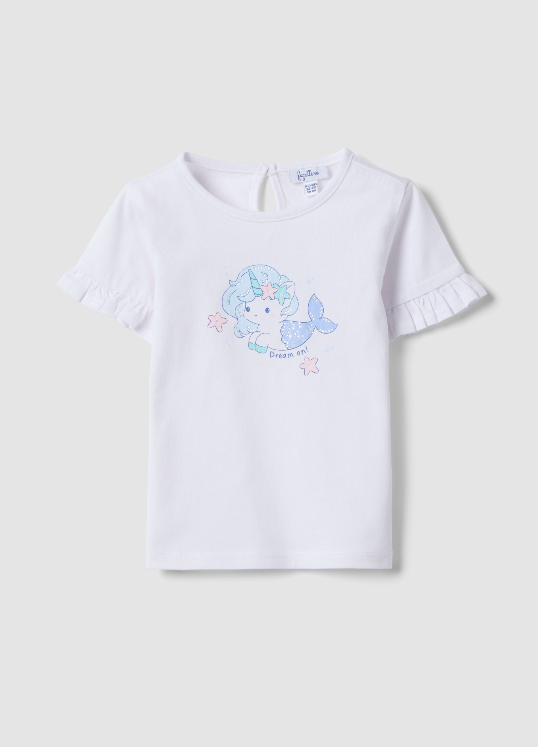 FAGOTTINO, Camiseta Blanca De Algodón Orgánico Para Niña Con Estampado Y Volantes, Niña, Blanco, Talla: 12-18
