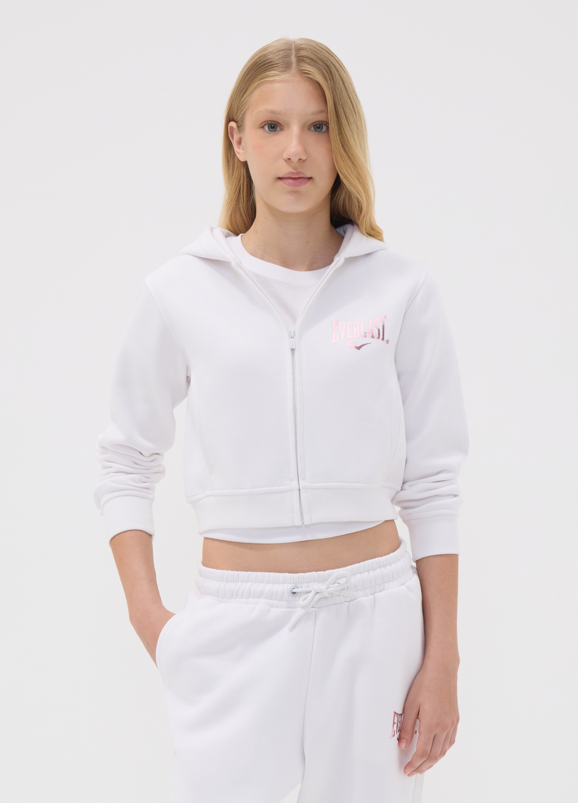 EVERLAST, Felpa Bianca Con Cappuccio E Zip In Misto Cotone Per Ragazza Regular Fit, Unisex, Bianco, Taglia: 10-11
