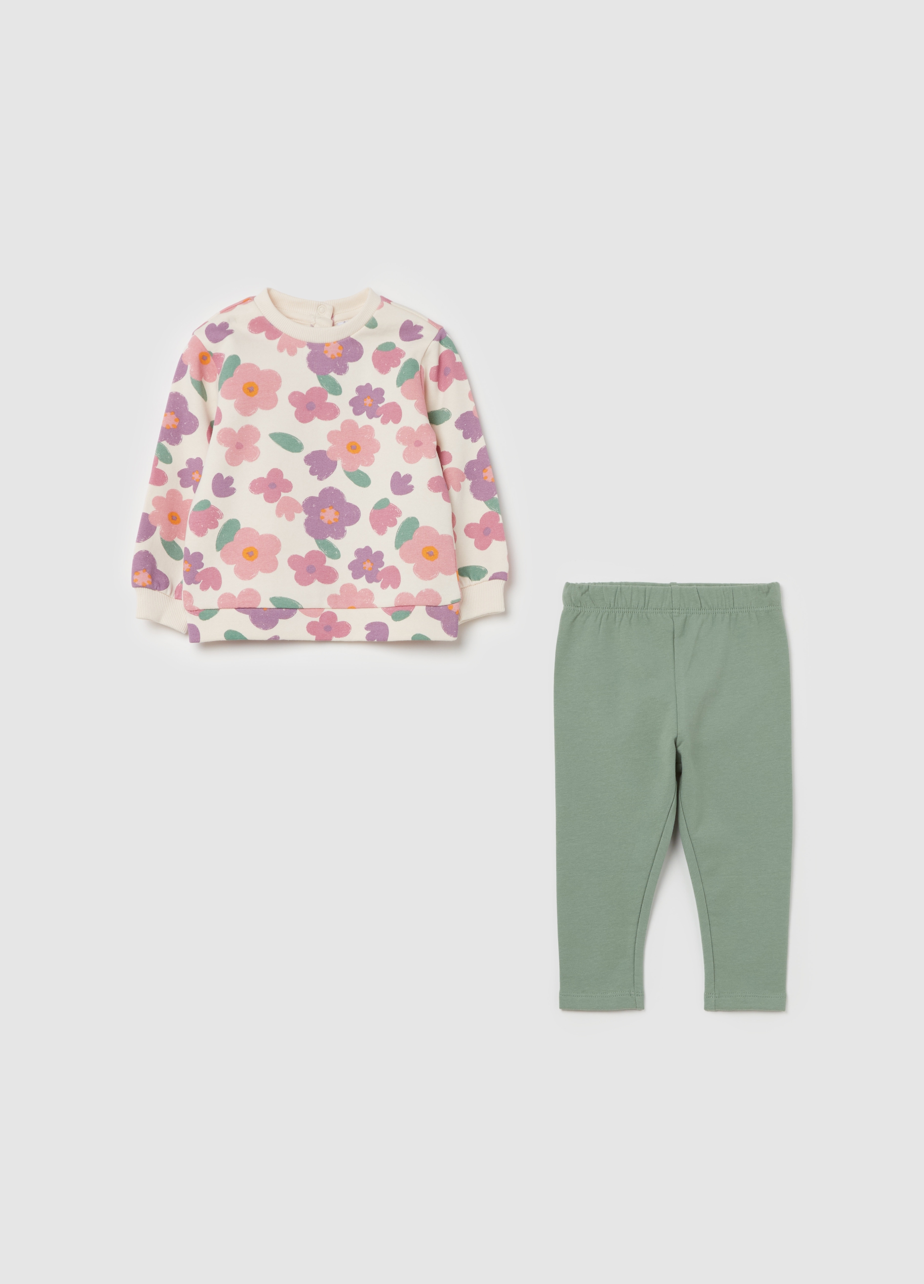 FAGOTTINO, Pack Jogging De Algodón Con Estampado Floral, Niña, Blanco/verde, Talla: 9-12