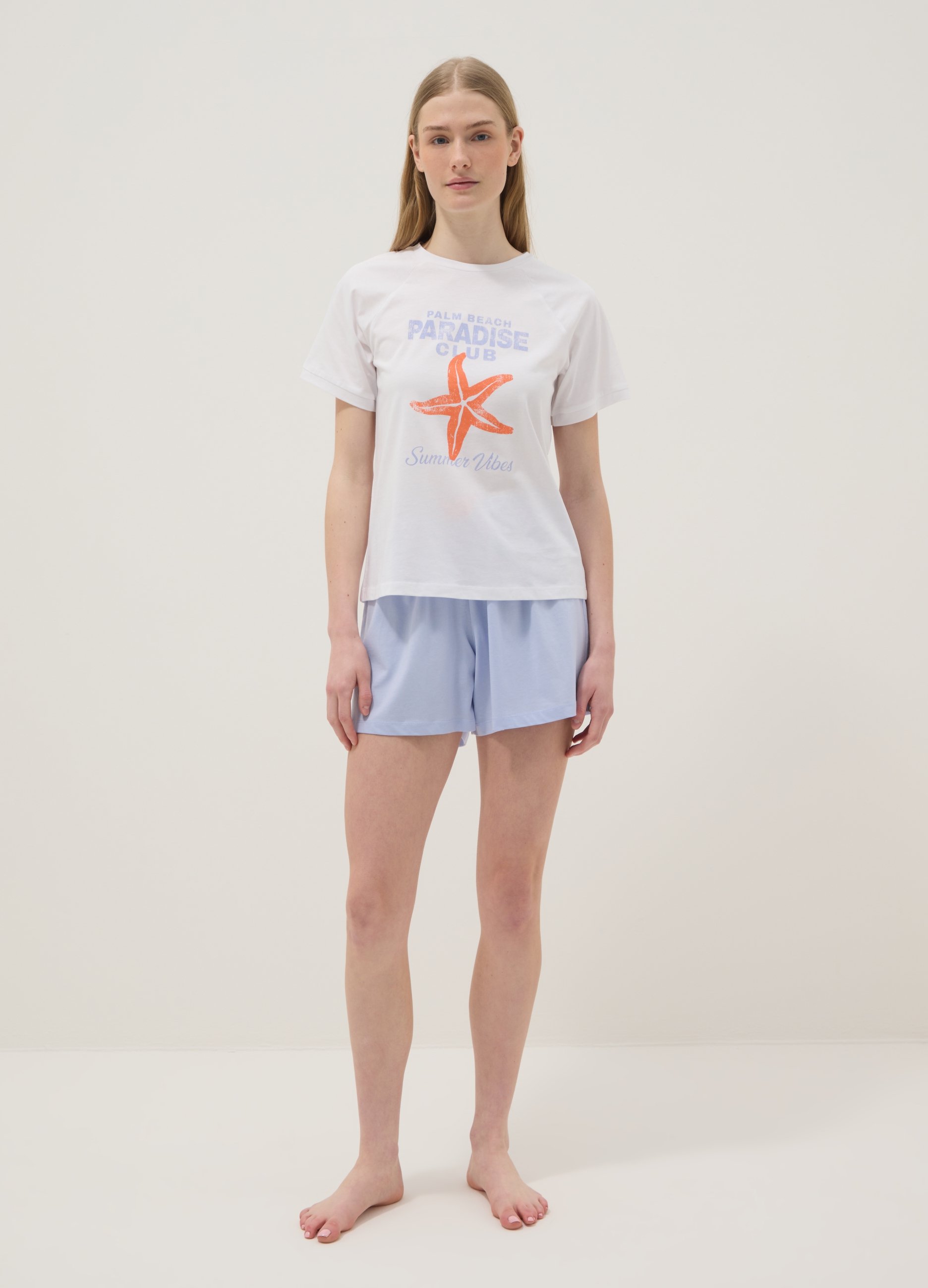 Pijama Corto Multicolor De Algodón Puro, Corte Regular Con Estampado, Mujer, Blanco/azul claro, Talla: S