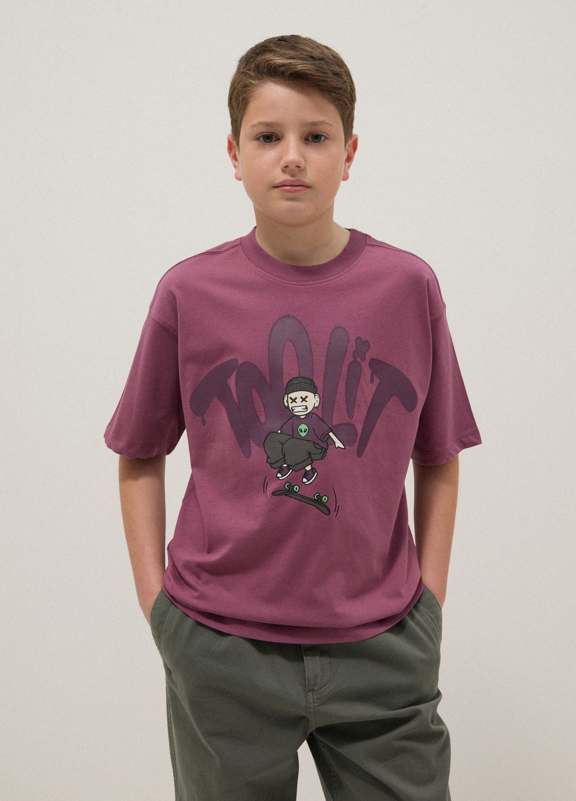 OVS KIDS, Camiseta Morada De Algodón 100 % Para Niño, Corte Oversize, Con Estampado, Niño, Morado, Talla: 10-11