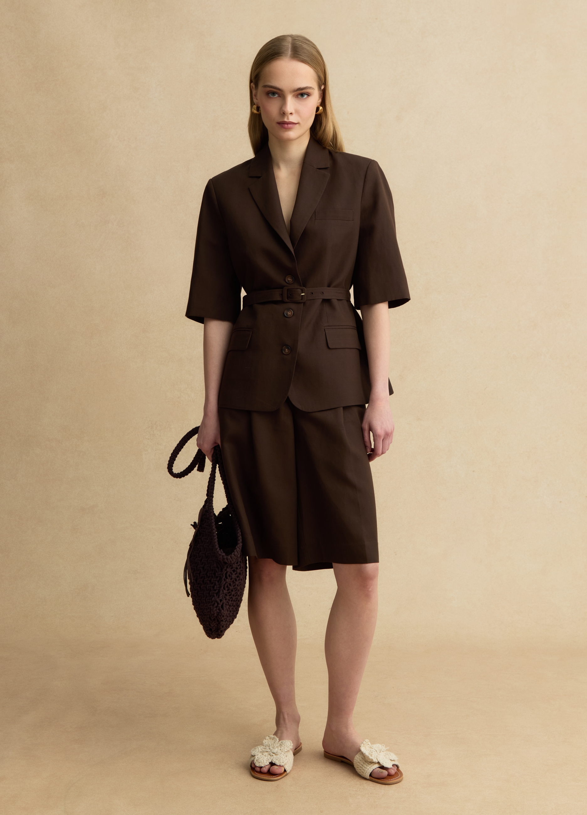 LES COPAINS, Pantalones Cortos Marrones De Mezcla De Lyocell Y Lino Regular Fit, Mujer, Marrón chocolate, Talla: 42