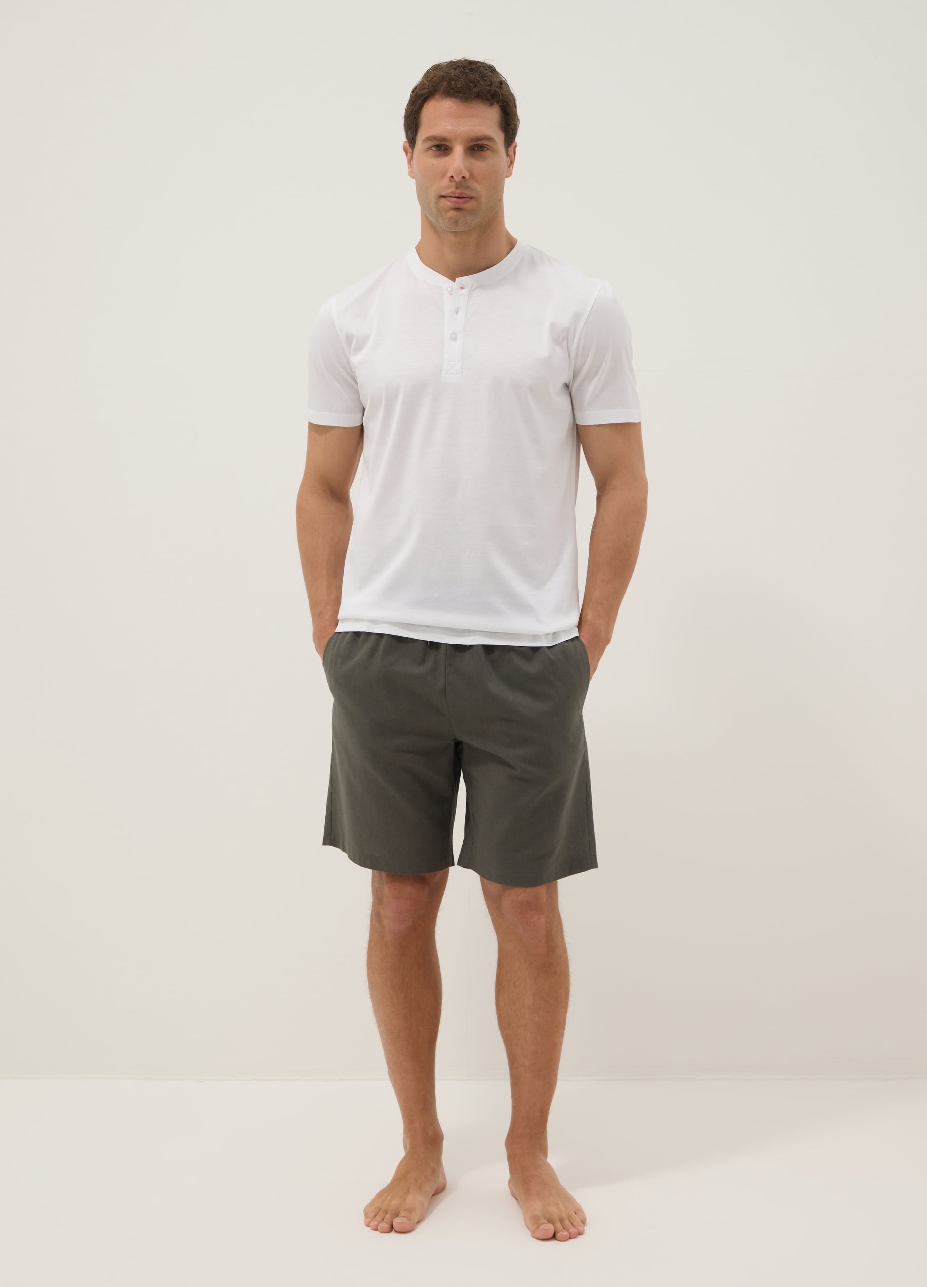 Ovs Uomo Verde Pantaloncini Pigiama In Misto Cotone E Lino Regular Fit, Taglia: L