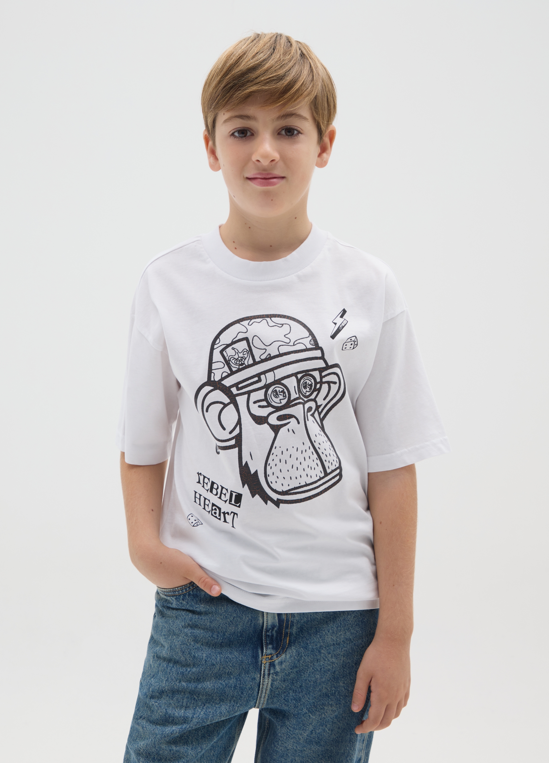 OVS KIDS, T-shirt Da Ragazzo In Puro Cotone Bianca Oversize Con Stampa, Bambino, Bianco, Taglia: 11-12