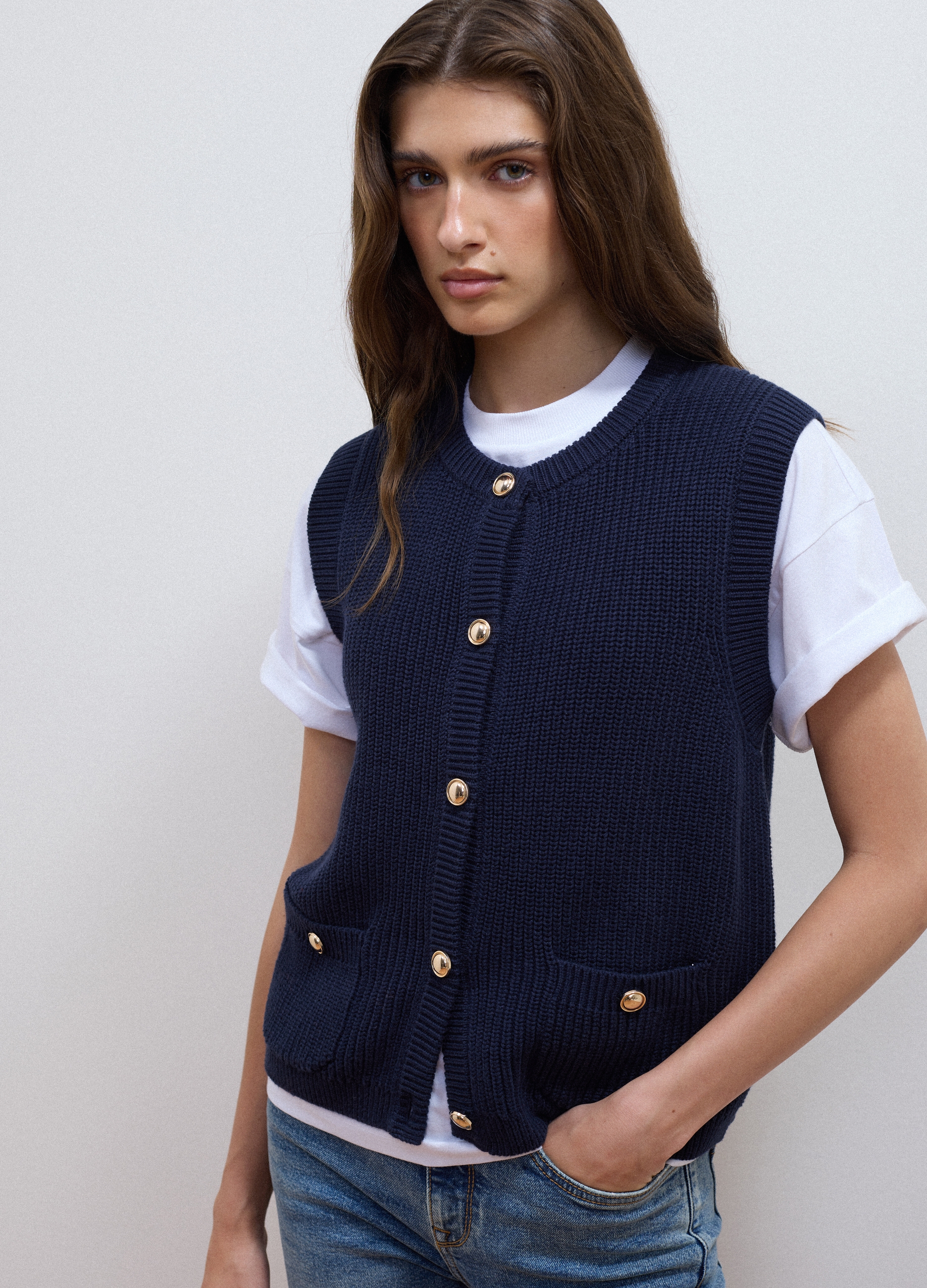 LES COPAINS, Gilet Blu In Puro Cotone Con Lavorazione A Maglia Regular Fit, Donna, Blu, Taglia: XL