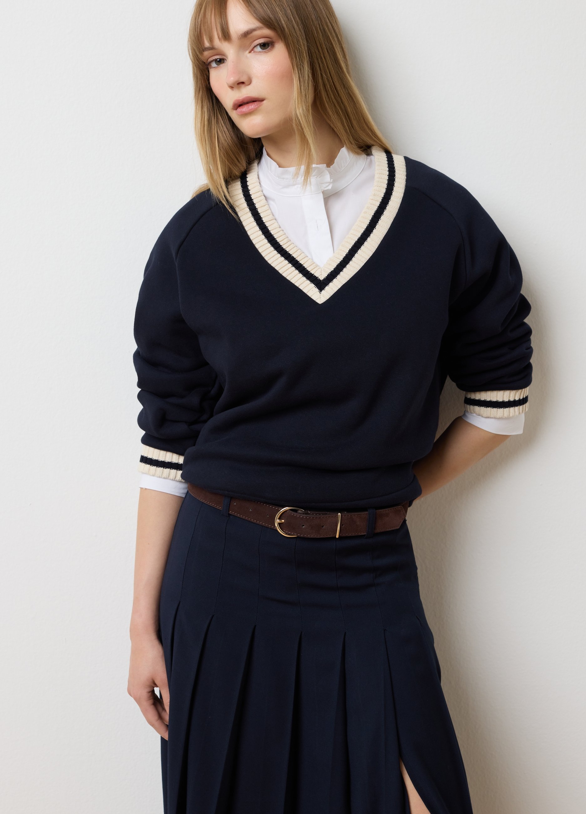 LES COPAINS, Felpa In Misto Cotone Blu Con Collo A V, Donna, Blu, Taglia: M