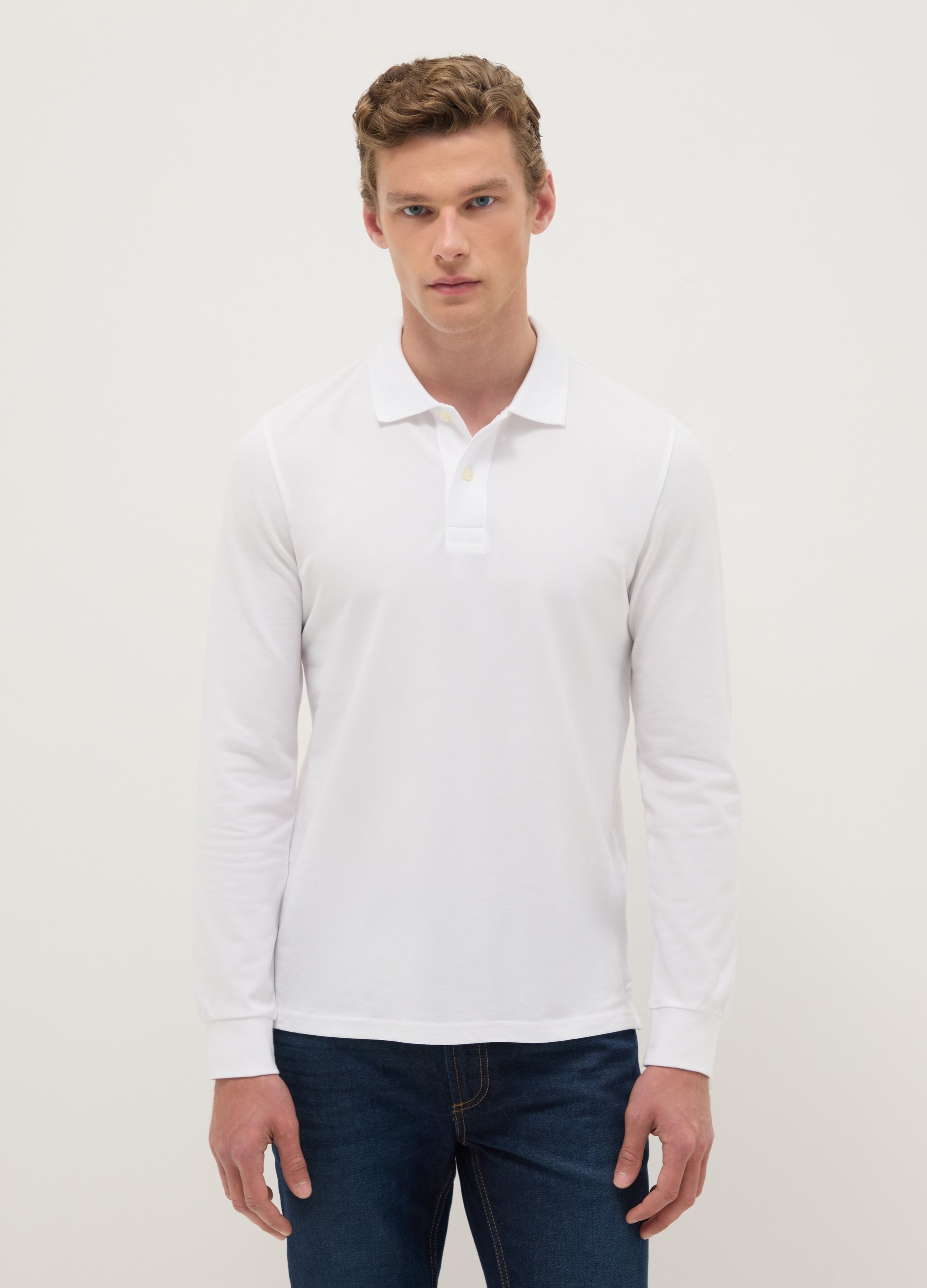 Polo Blanco De Manga Larga De Puro Algodón, Ajuste Regular, Hombre, Blanco óptico, Talla: M