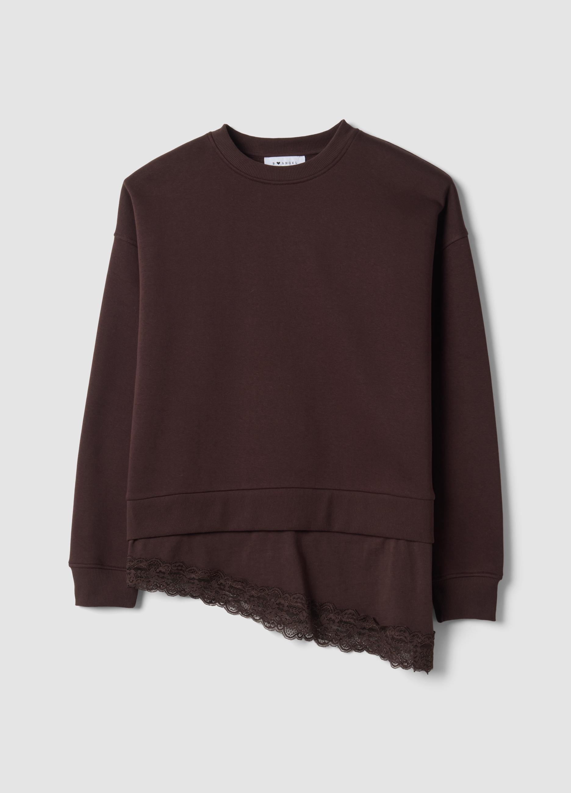 B.ANGEL, Felpa Marrone In Misto Cotone Con Girocollo E Pizzo, Donna, Marrone, Taglia: S