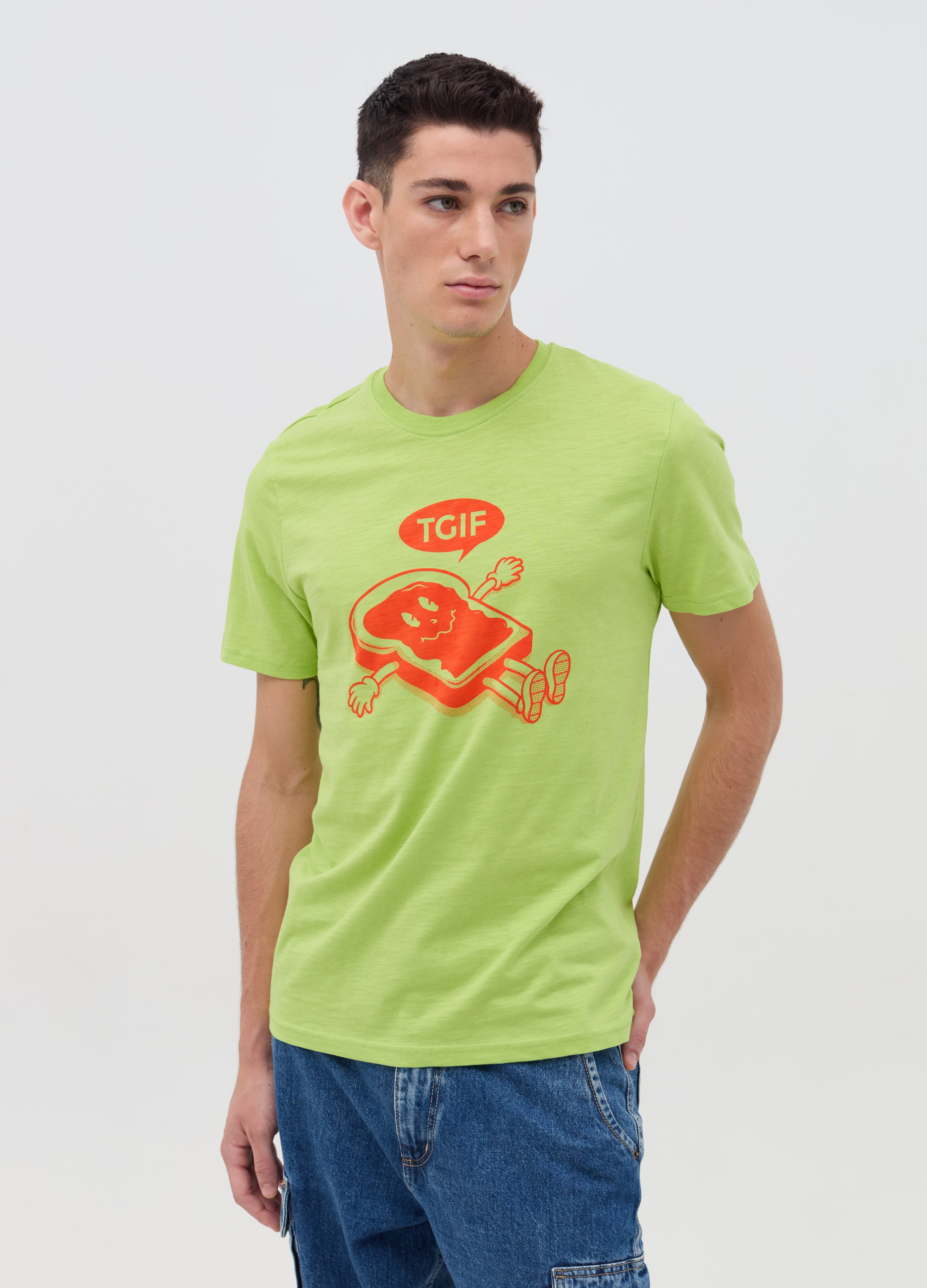 OVS, T-shirt In Slub Jersey "tgif", Uomo, Verde, Taglia: S