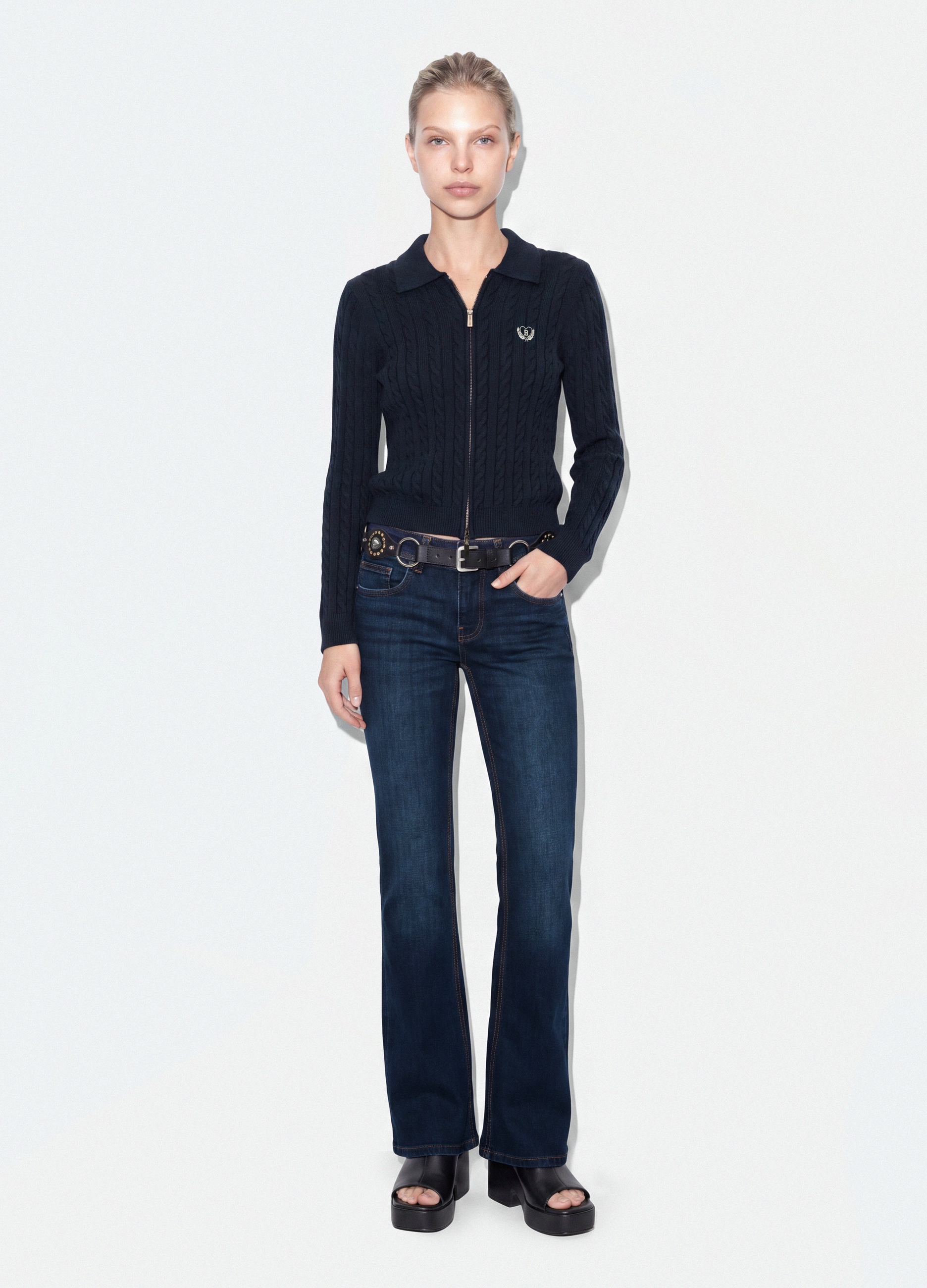 B.ANGEL, Cardigan Blu Scuro In Misto Viscosa Con Collo Polo Fitted, Donna, Blu, Taglia: S