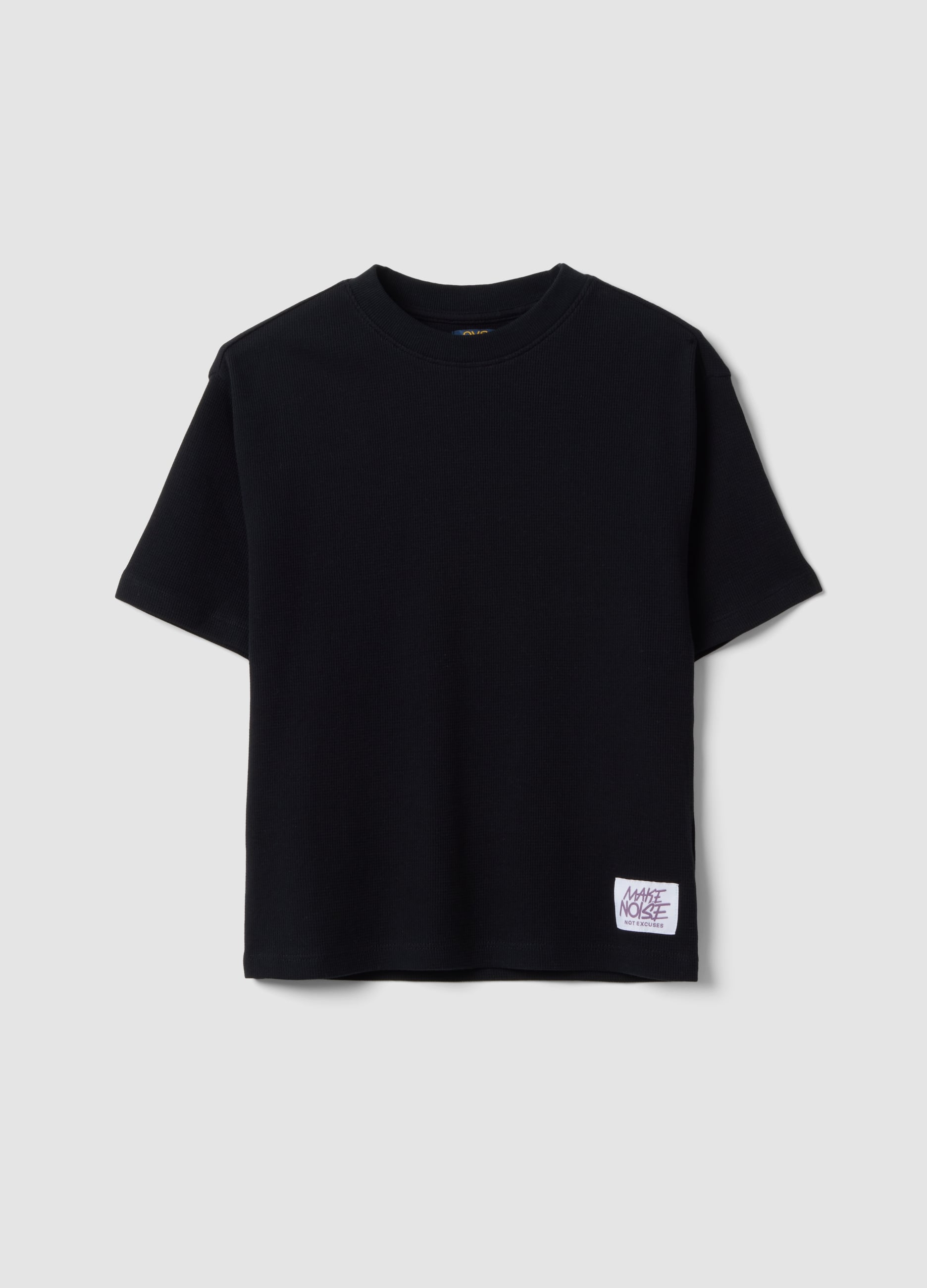OVS KIDS, T-shirt Over Nera In Puro Cotone Organico Con Texture Nido D'ape Per Ragazzo, Bambino, Nero, Taglia: 11-12