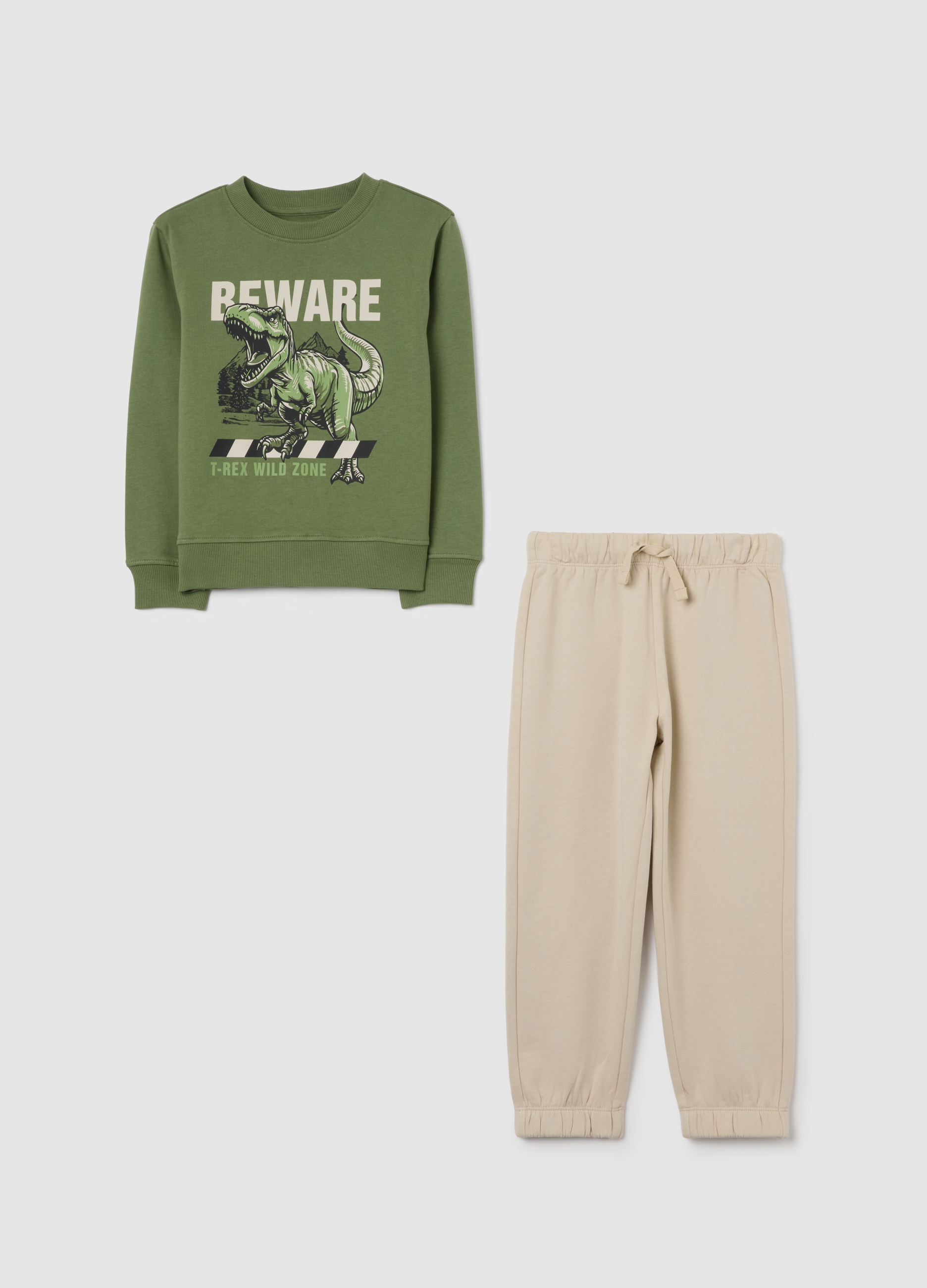 OVS KIDS, Chándal Multicolor Con Estampado De Dinosaurios Para Niños En Algodón Puro Ajuste Regular, Niño, Beige/Verde, Talla: 7-8
