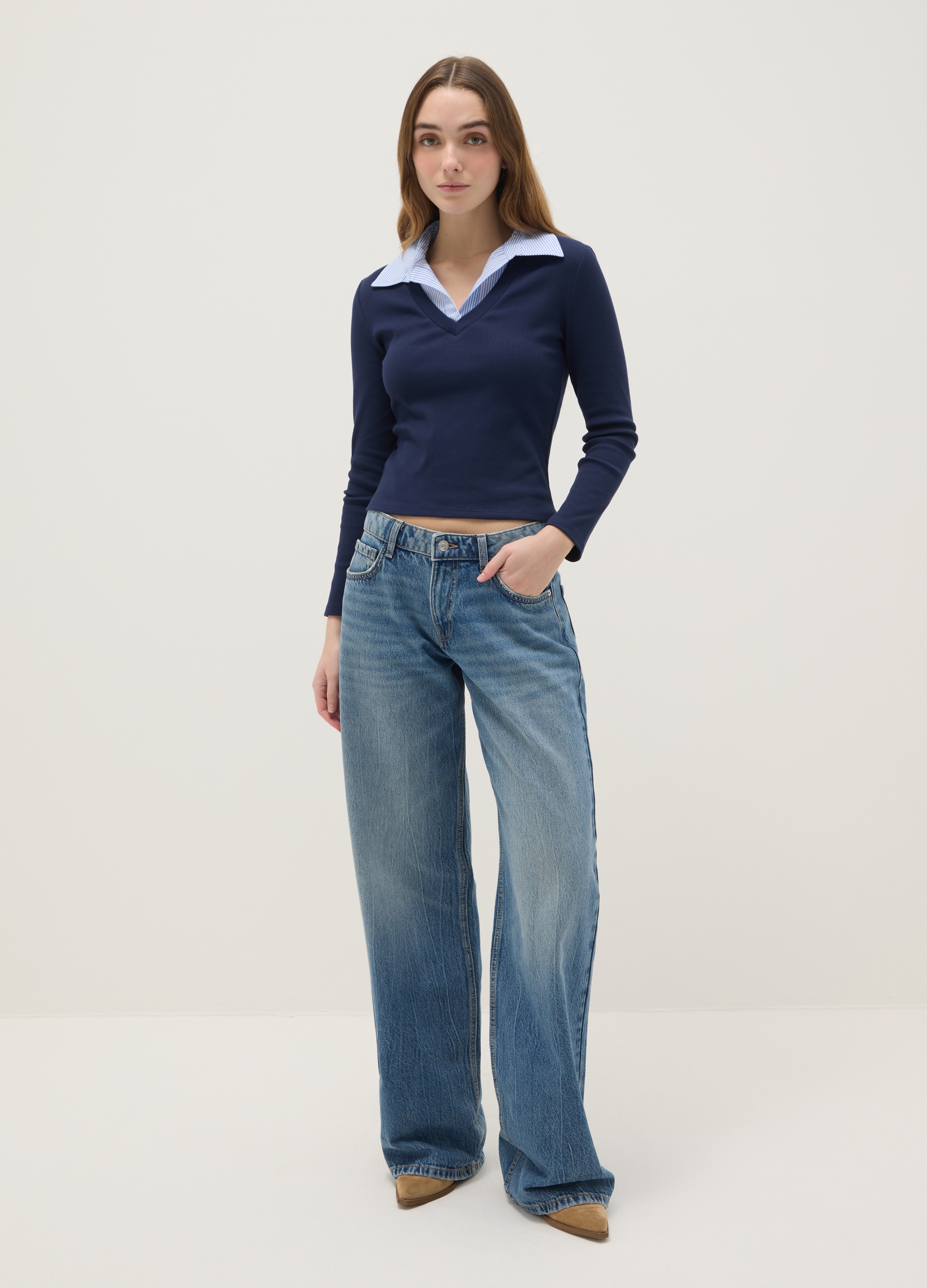 B.ANGEL, Camiseta Azul De Algodón Elástico Regular Fit Con Cuello En Contraste, Mujer, Azul oscuro, Talla: 38