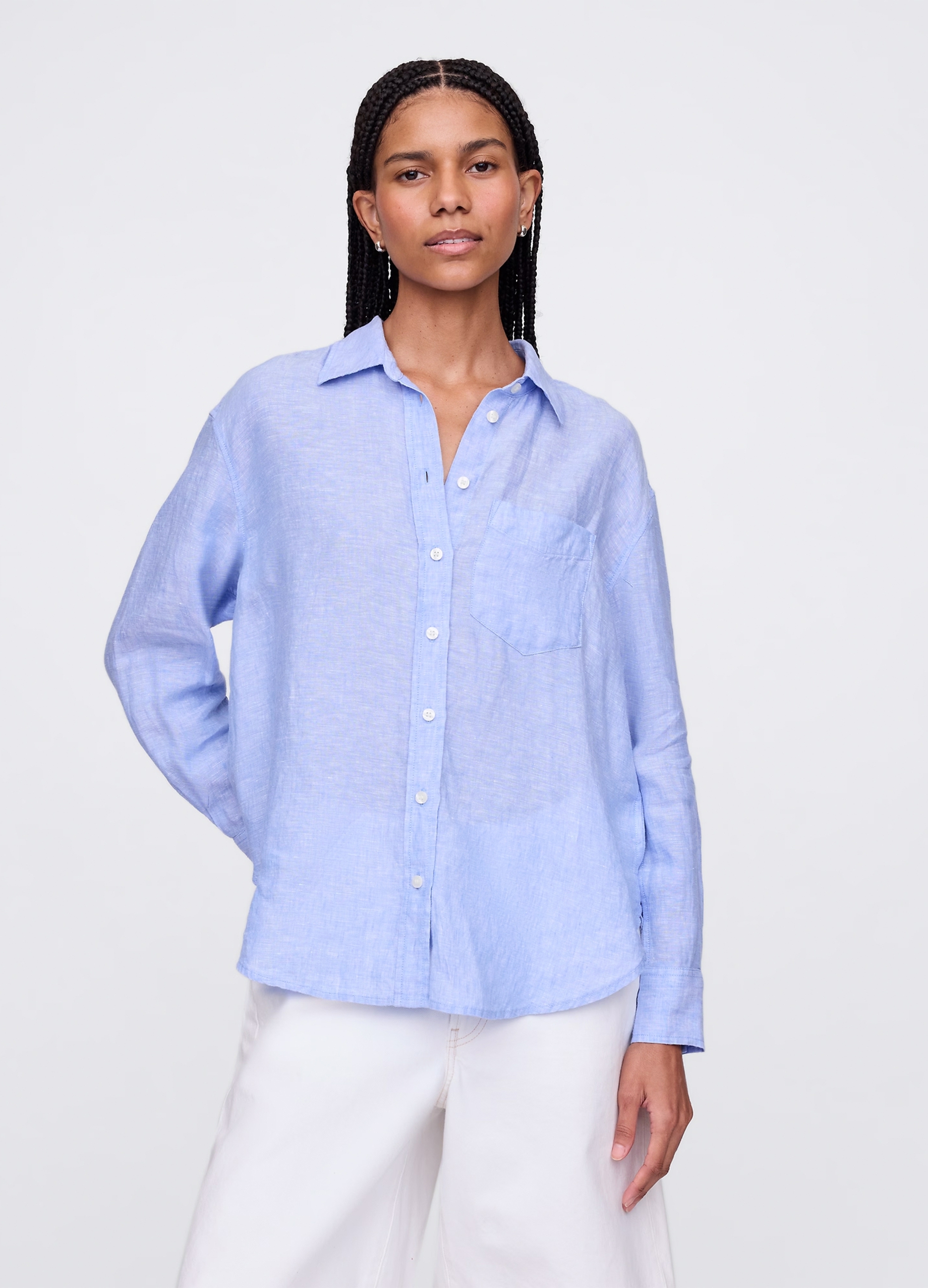 GAP, Camicia Azzurra Ampia In Puro Lino, Donna, Azzurro, Taglia: XS