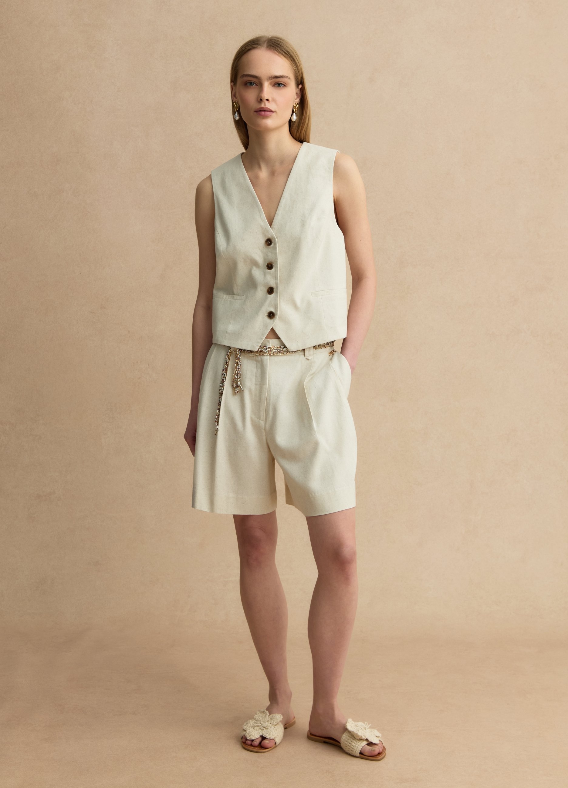 LES COPAINS, Shorts Beige En Mezcla De Viscosa Y Lino, Corte Regular, Mujer, Beige Jaspeado, Talla: 40