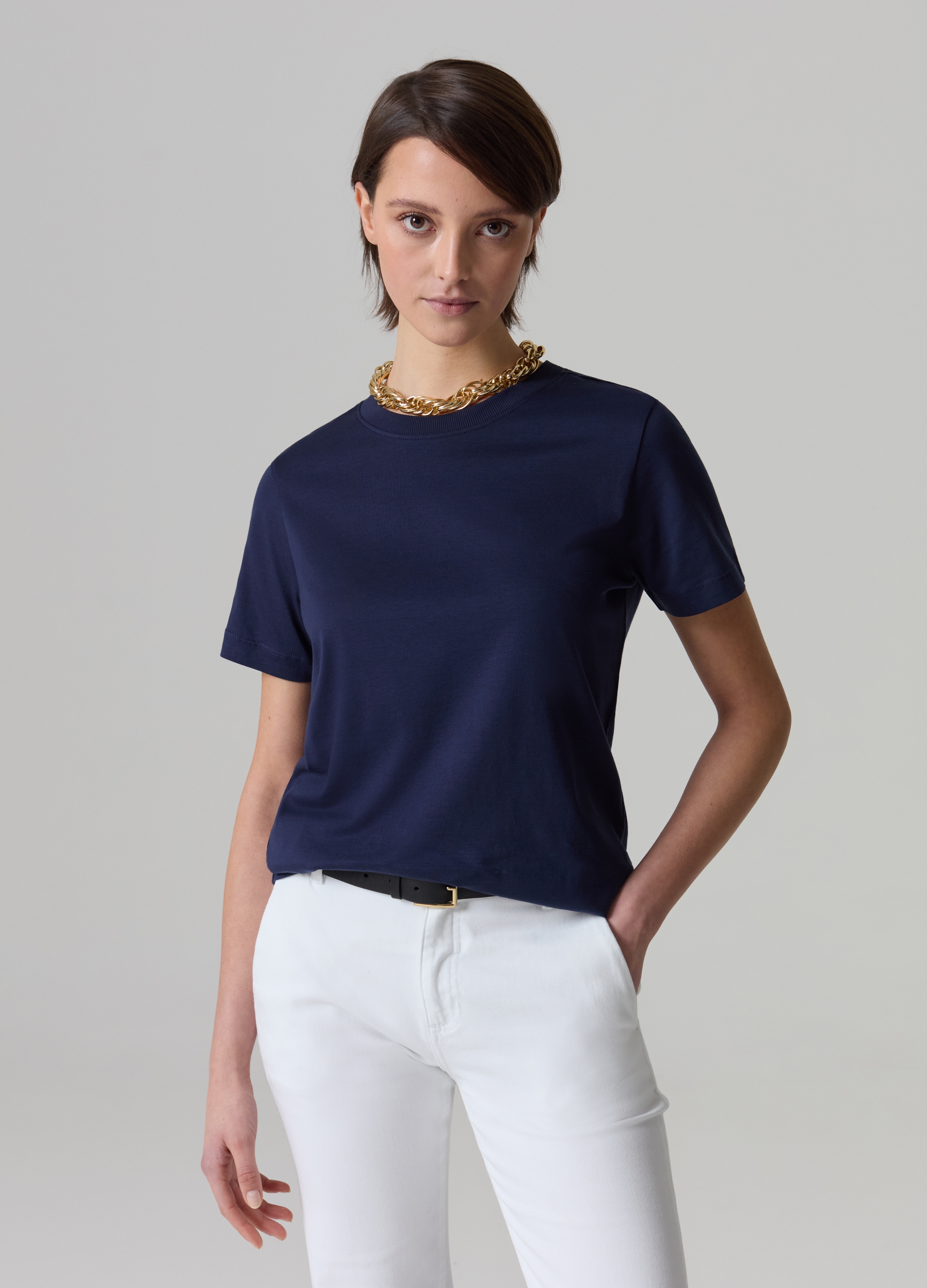 PIOMBO, T-shirt Girocollo In Cotone Supima, Donna, Blu, Taglia: M