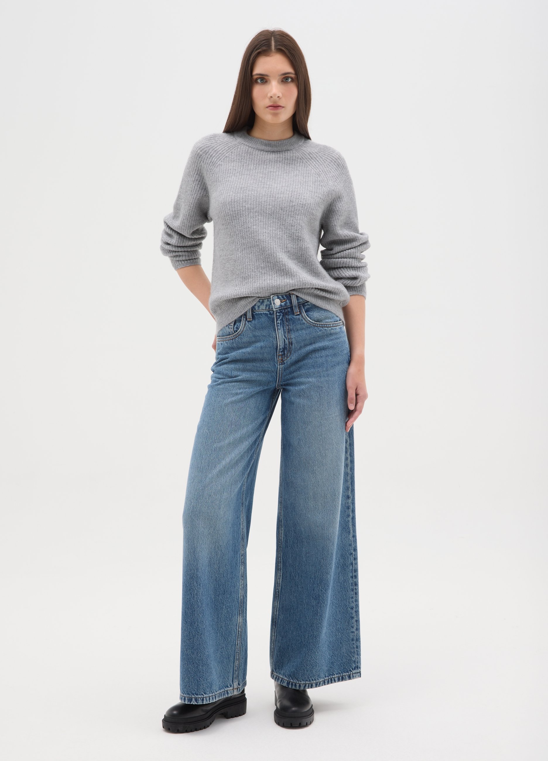 Maglione Girocollo Grigio Regular Fit, Mujer, Gris jaspeado, Talla: 40