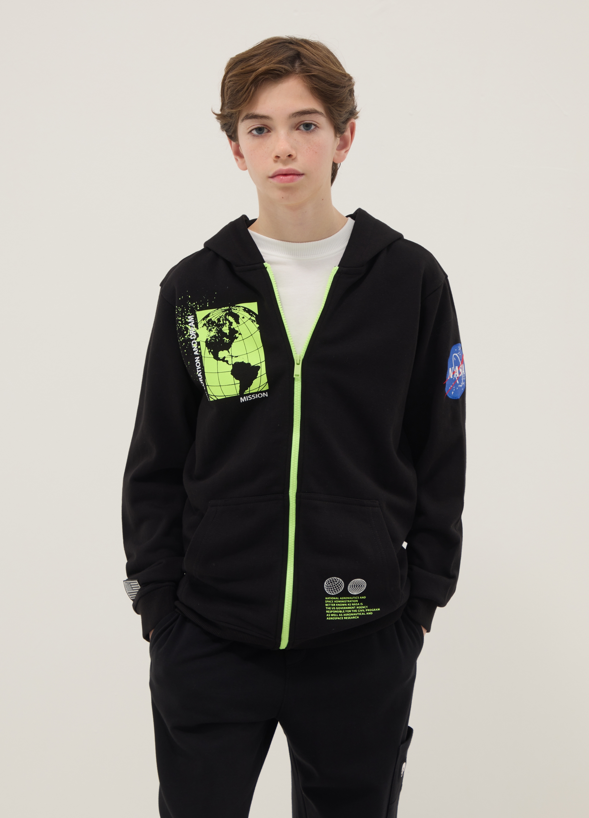 J LICENZE B.NO SICEM, Felpa In Misto Cotone Nera Da Bambino Regular Fit Con Stampe Nasa, Nero, Taglia: 13-14