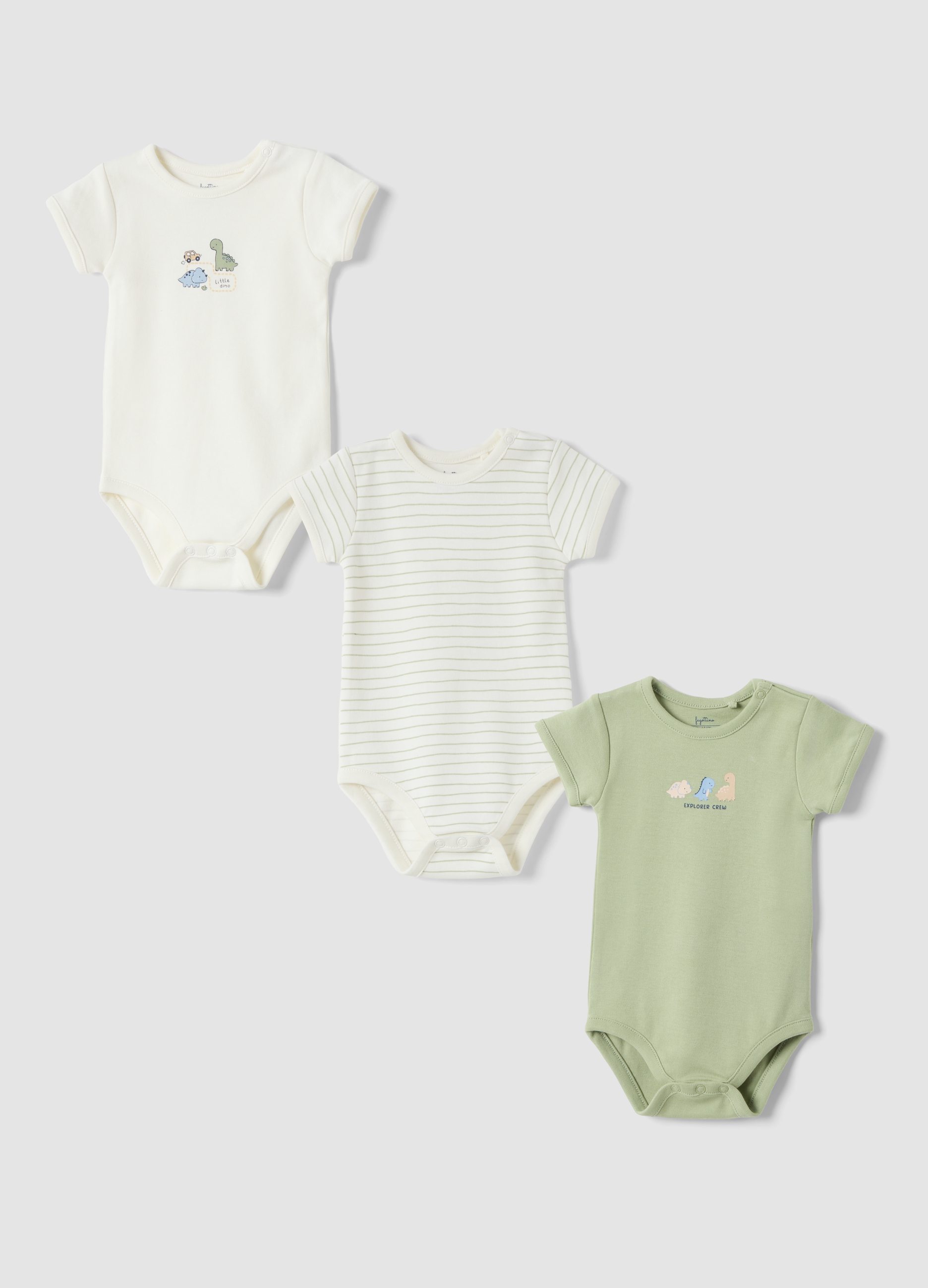 FAGOTTINO, Tripack Body Verde E Bianco In Puro Cotone Organico Girocollo, Neonato, Multicolor, Taglia: 1-3