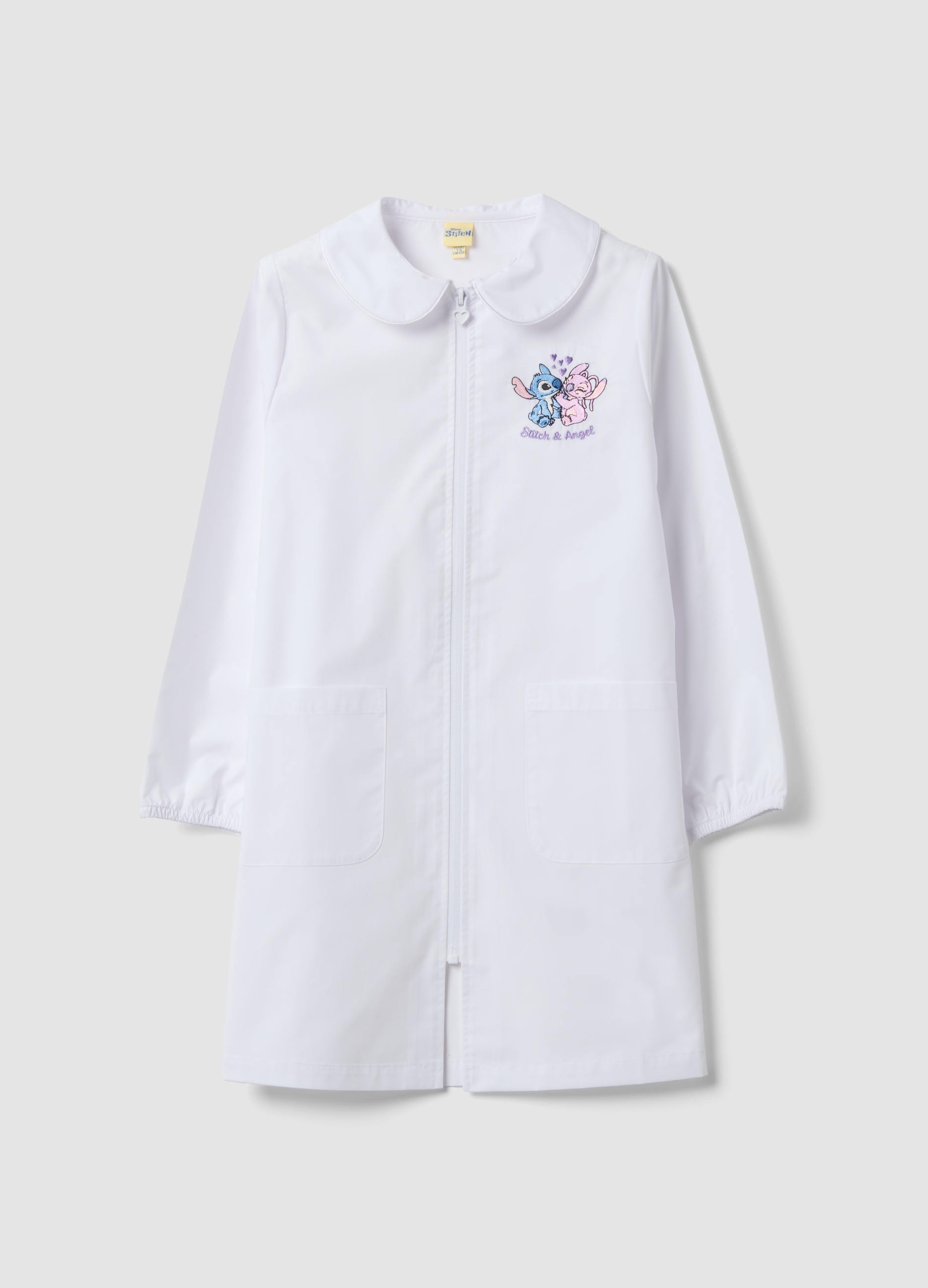 DISNEY, Grembiule Da Scuola Bianco Con Zip E Ricamo Stitch Per Bambina, Bianco, Taglia: 5-6