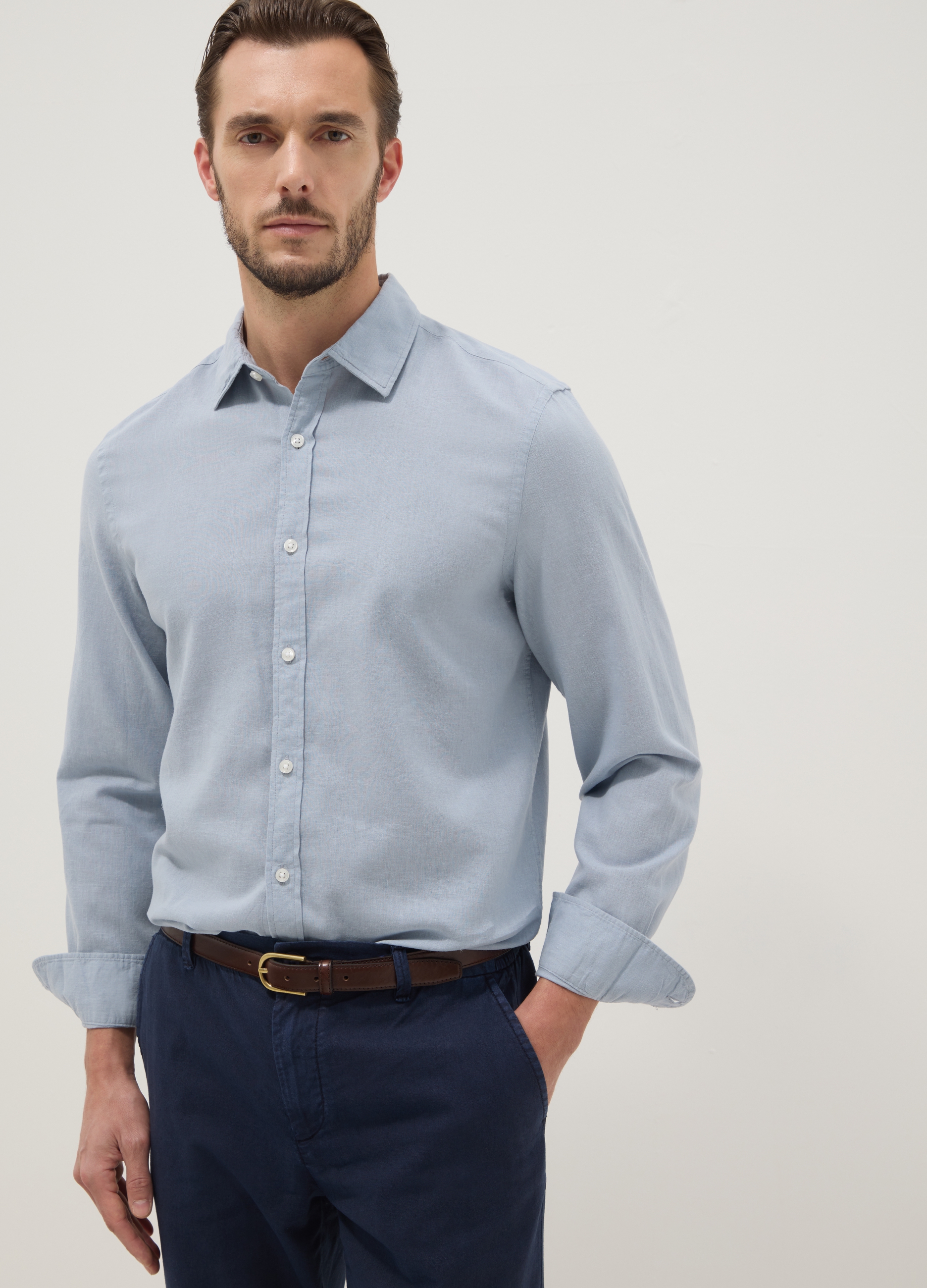 Regular Fit Blue Shirt In Linen And Cotton Blend, Hombre, Azul Bebé, Talla: S
