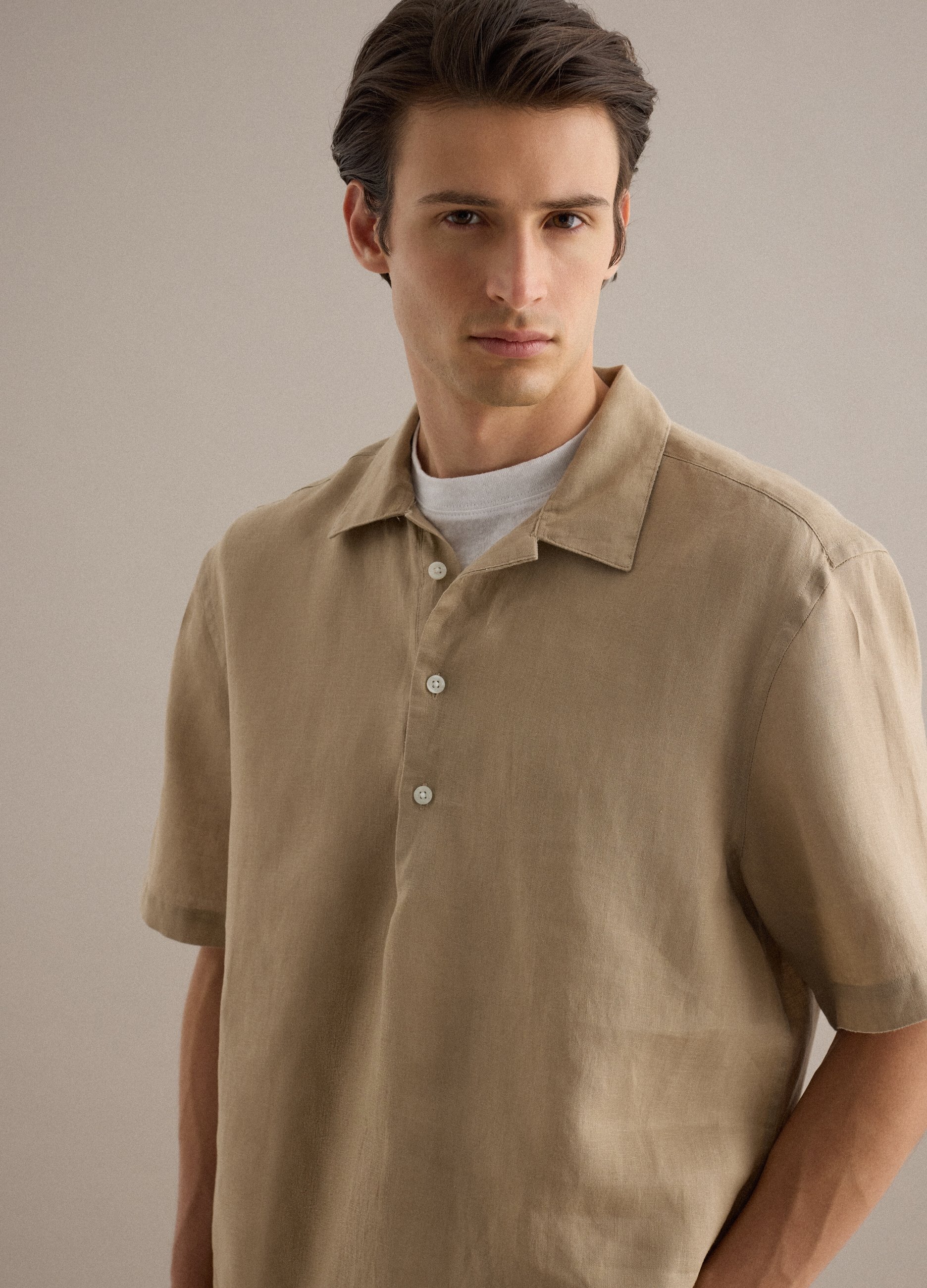 Piombo Contemporary, Camisa De Lino Puro Beige Regular Fit Con Cuello Bowling, Hombre, Beige Jaspeado, Talla: XL