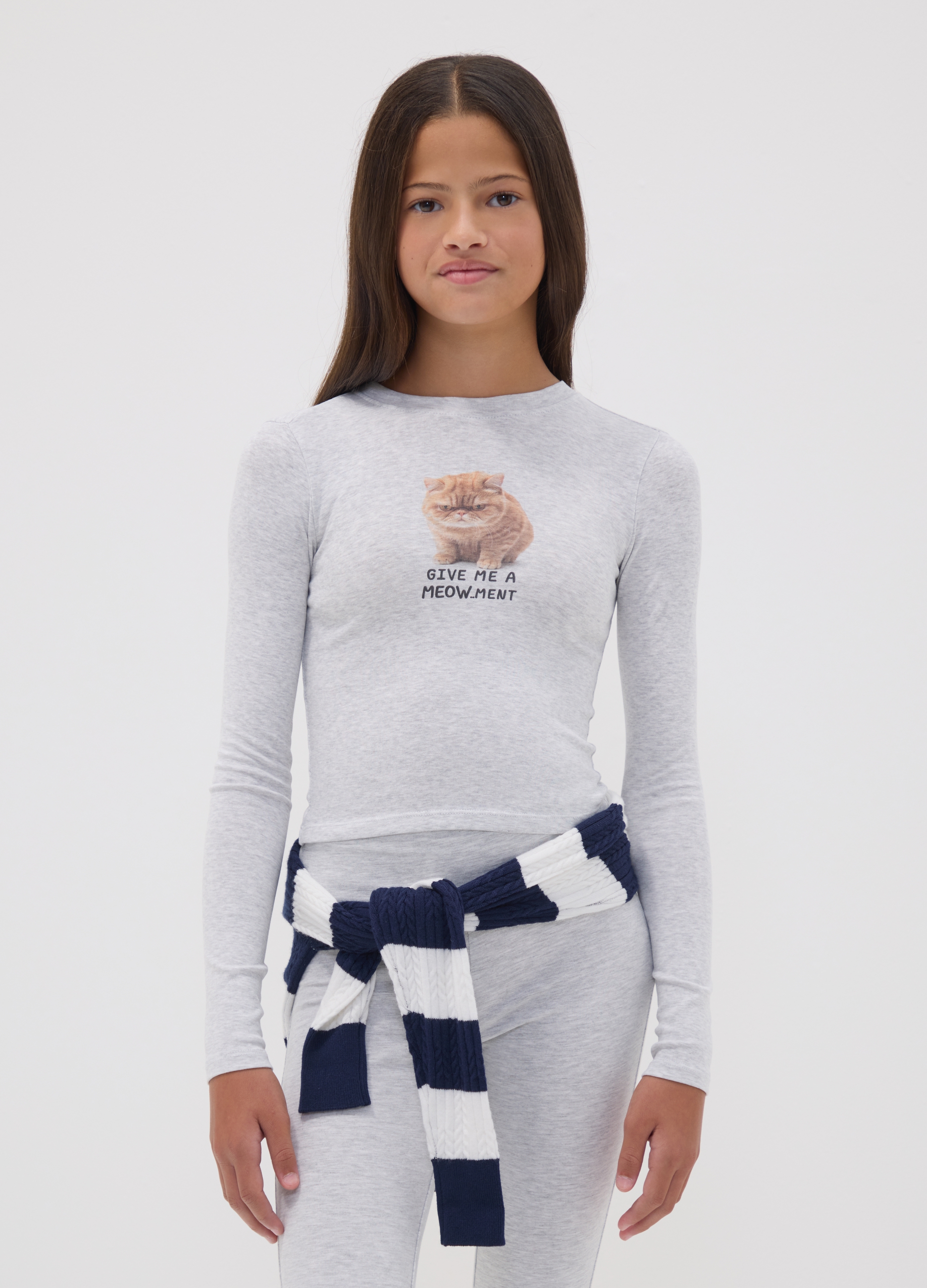 OVS KIDS, T-shirt Grigia In Cotone Organico Elasticizzato Con Collo A Costine E Stampa Gatto, Bambina, Grigio, Taglia: 10-11