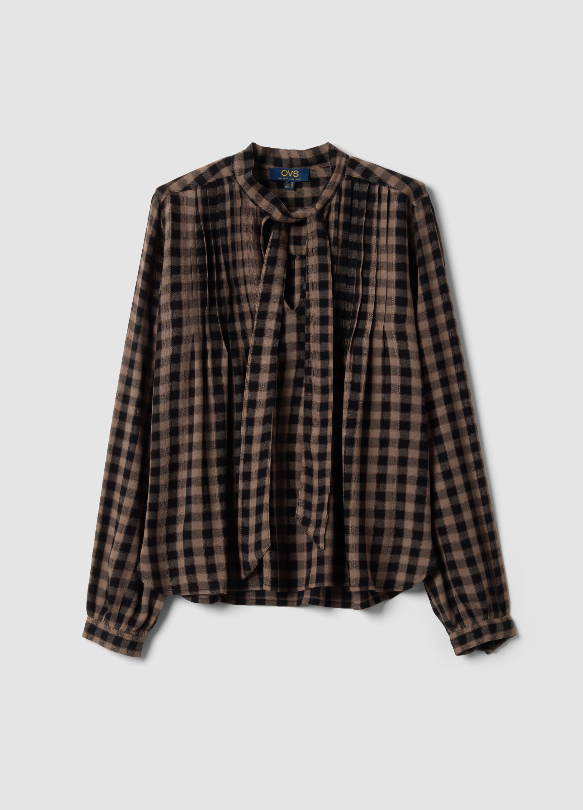 OVS, Camicia Marrone A Quadri In Pura Viscosa Con Fiocco, Donna, Nero, Taglia: 38