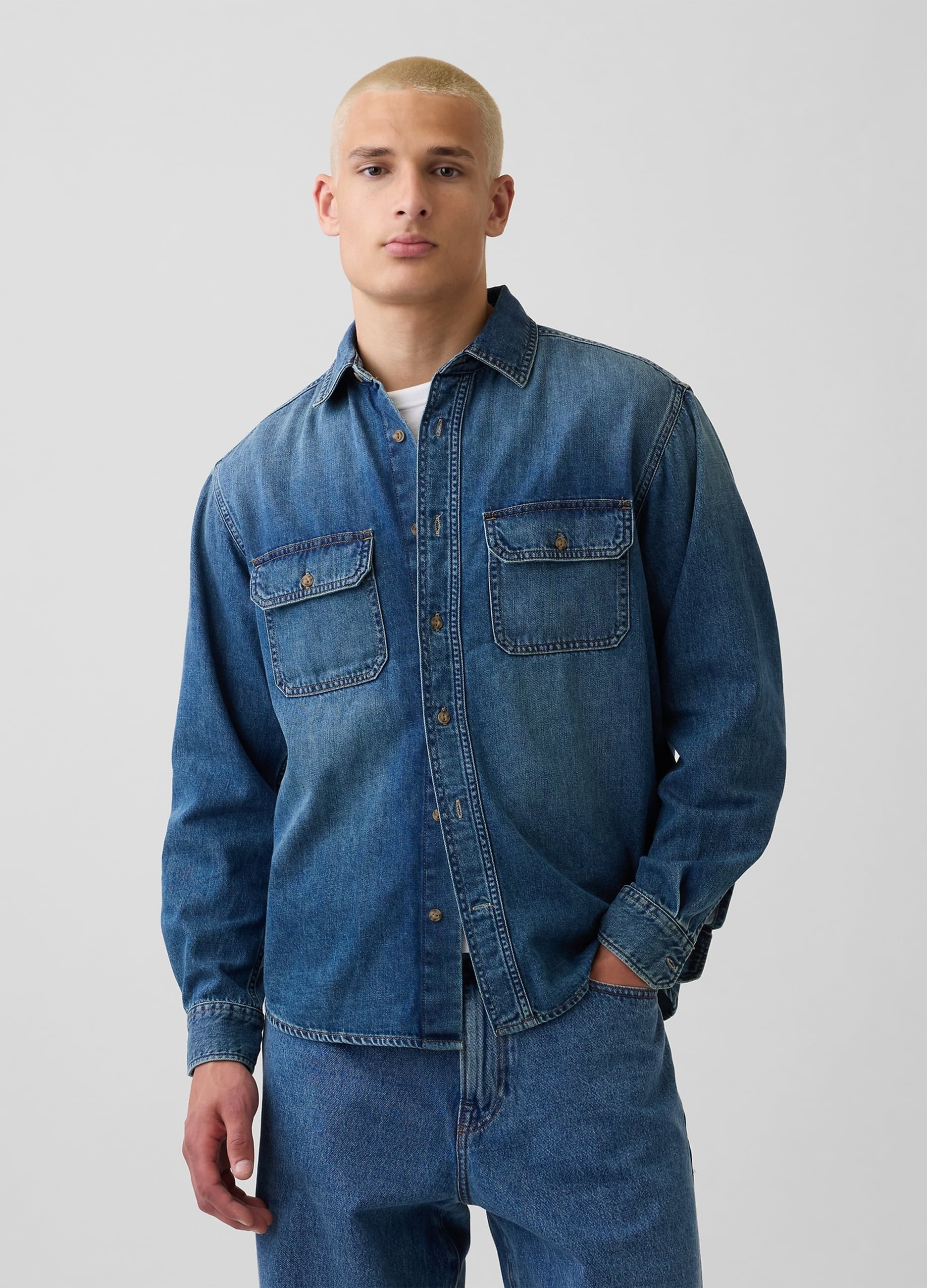 GAP, Camicia Denim In Misto Cotone E Lyocell, Uomo, Denim, Taglia: XS