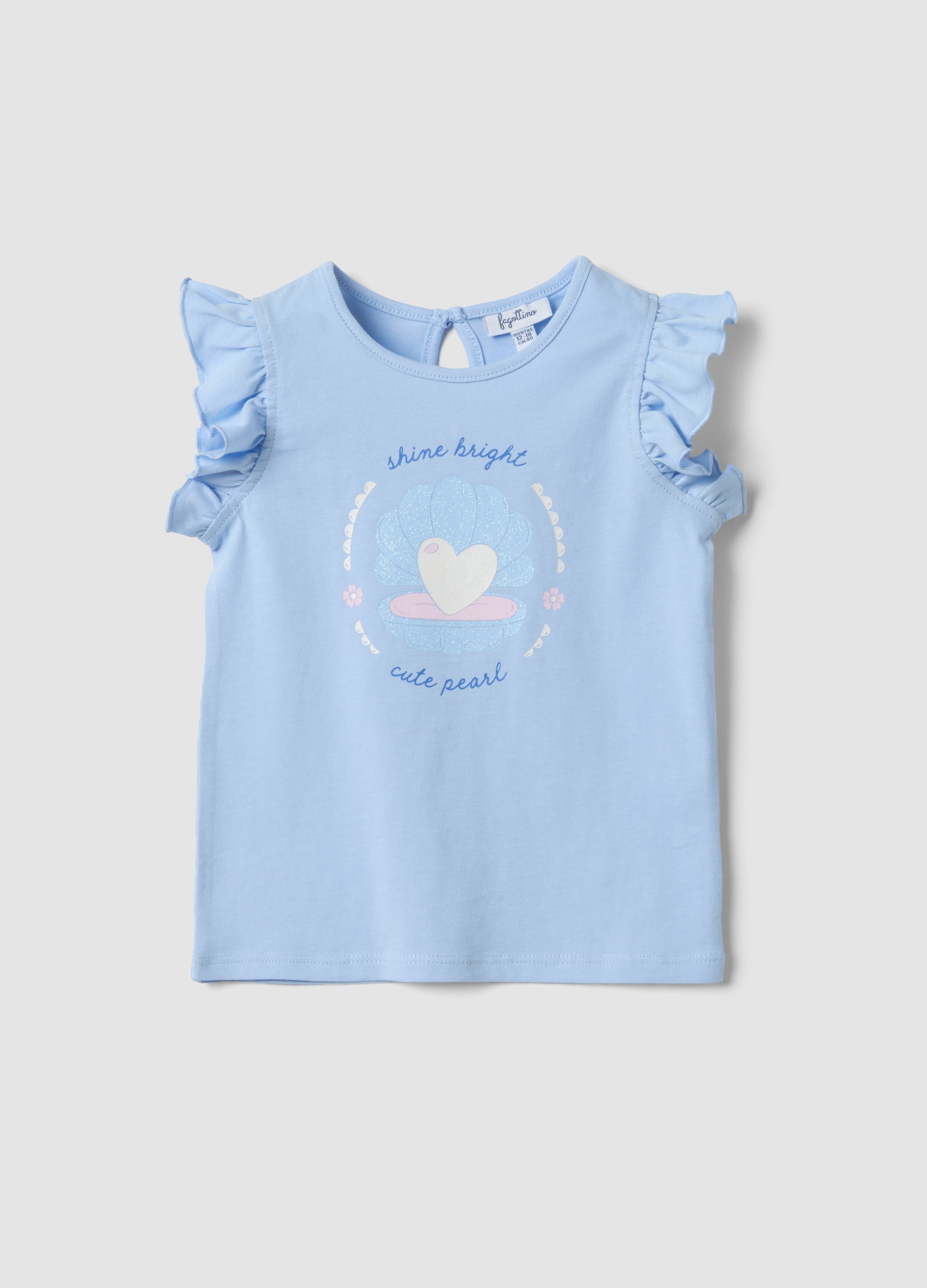 FAGOTTINO, Camiseta De Tirantes Azul Celeste De Algodón Orgánico Puro Para Bebé Niña Con Estampado Y Volantes, Niña, Azul Claro, Talla: 30-36