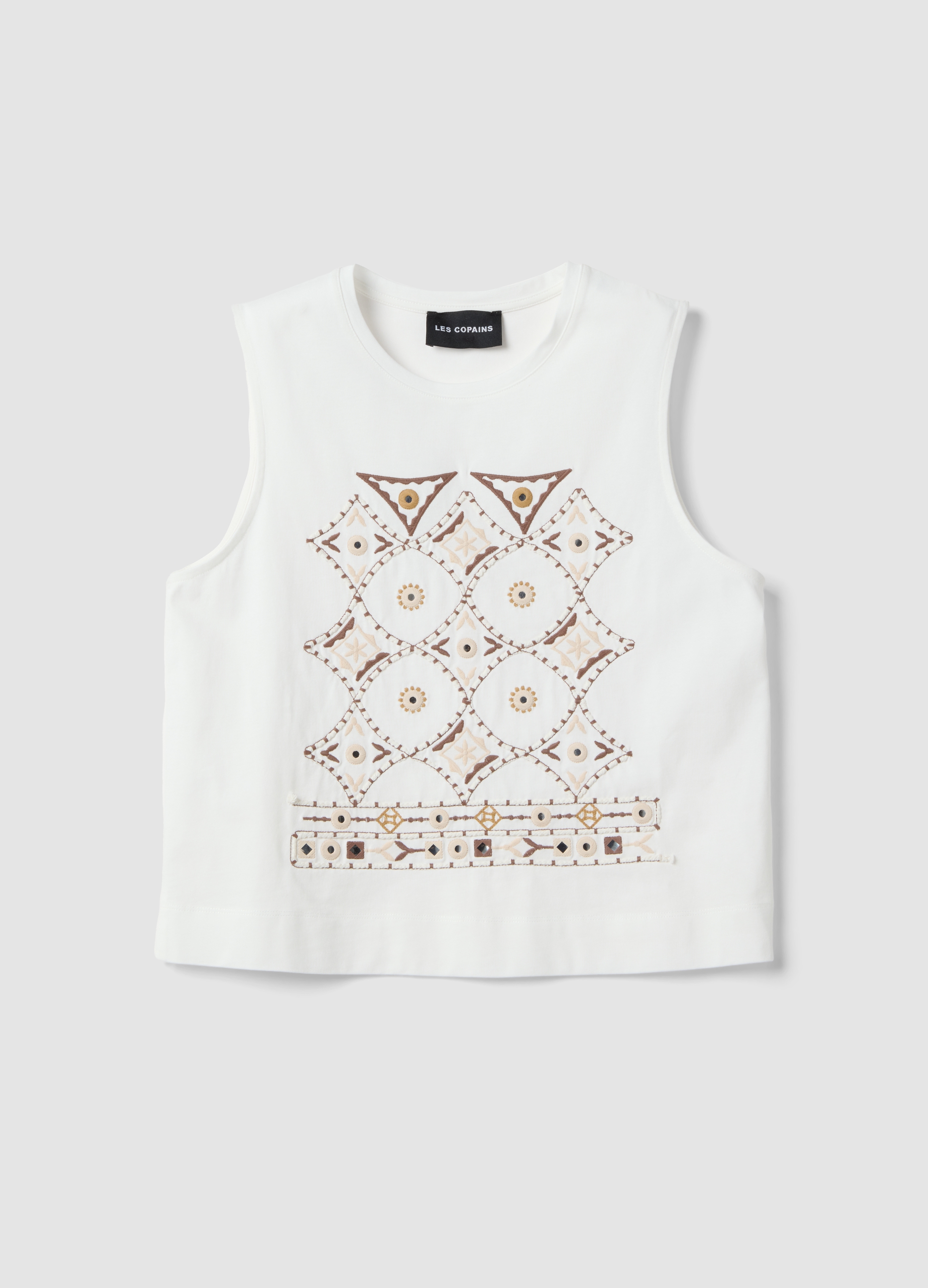 LES COPAINS, Camiseta Sin Mangas Blanco De Algodón Regular Fit Con Bordados, Mujer, Blanco roto, Talla: 42