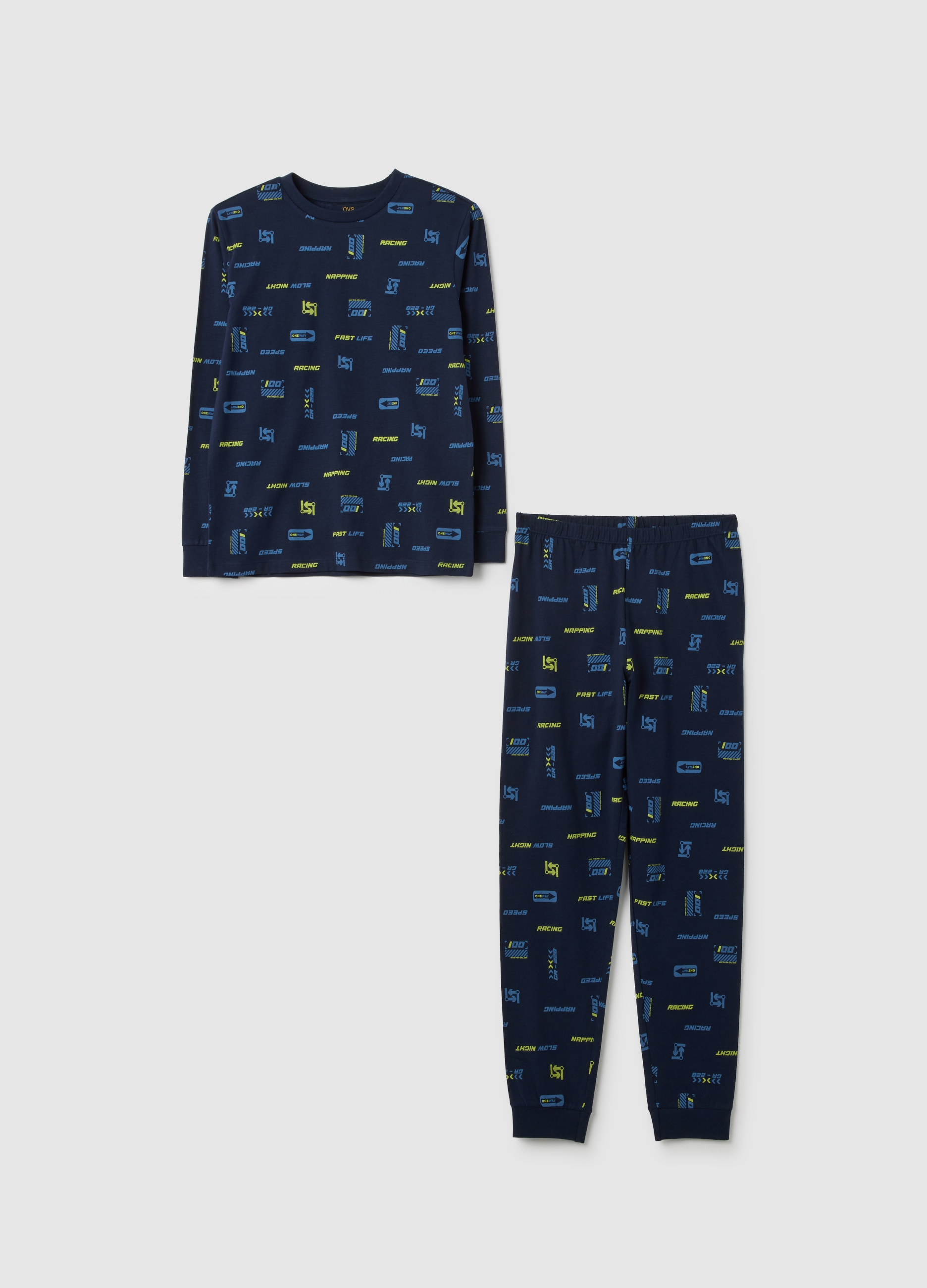 Pijama De Niño De Algodón Puro Azul Ajuste Regular, Niño, Azul marino, Talla: 10-11