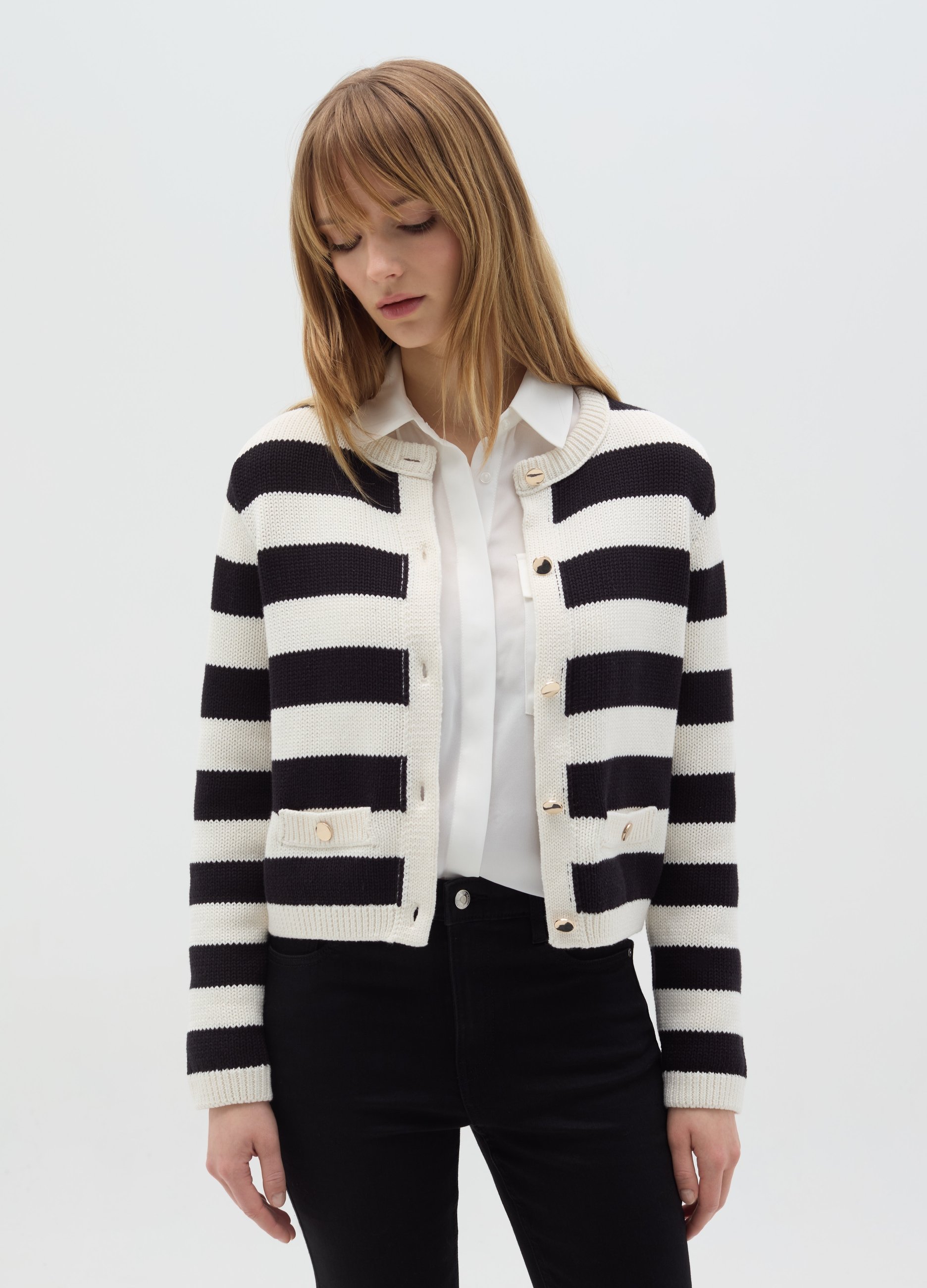 Cárdigan De Rayas Con Botones Dorados, Mujer, Blanco/negro, Talla: 40