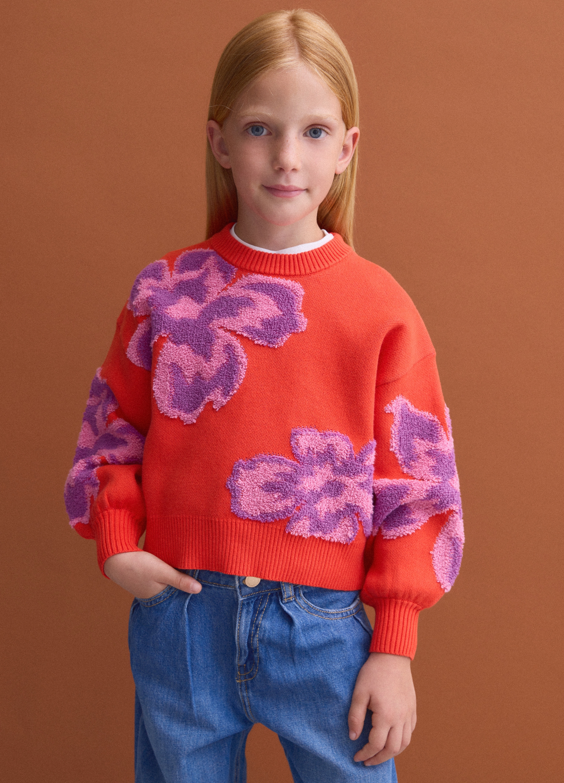 PIOMBO KIDS, Maglia Rossa In Puro Cotone A Girocollo Con Fantasia Floreale Per Bambina, Rosso, Taglia: 8