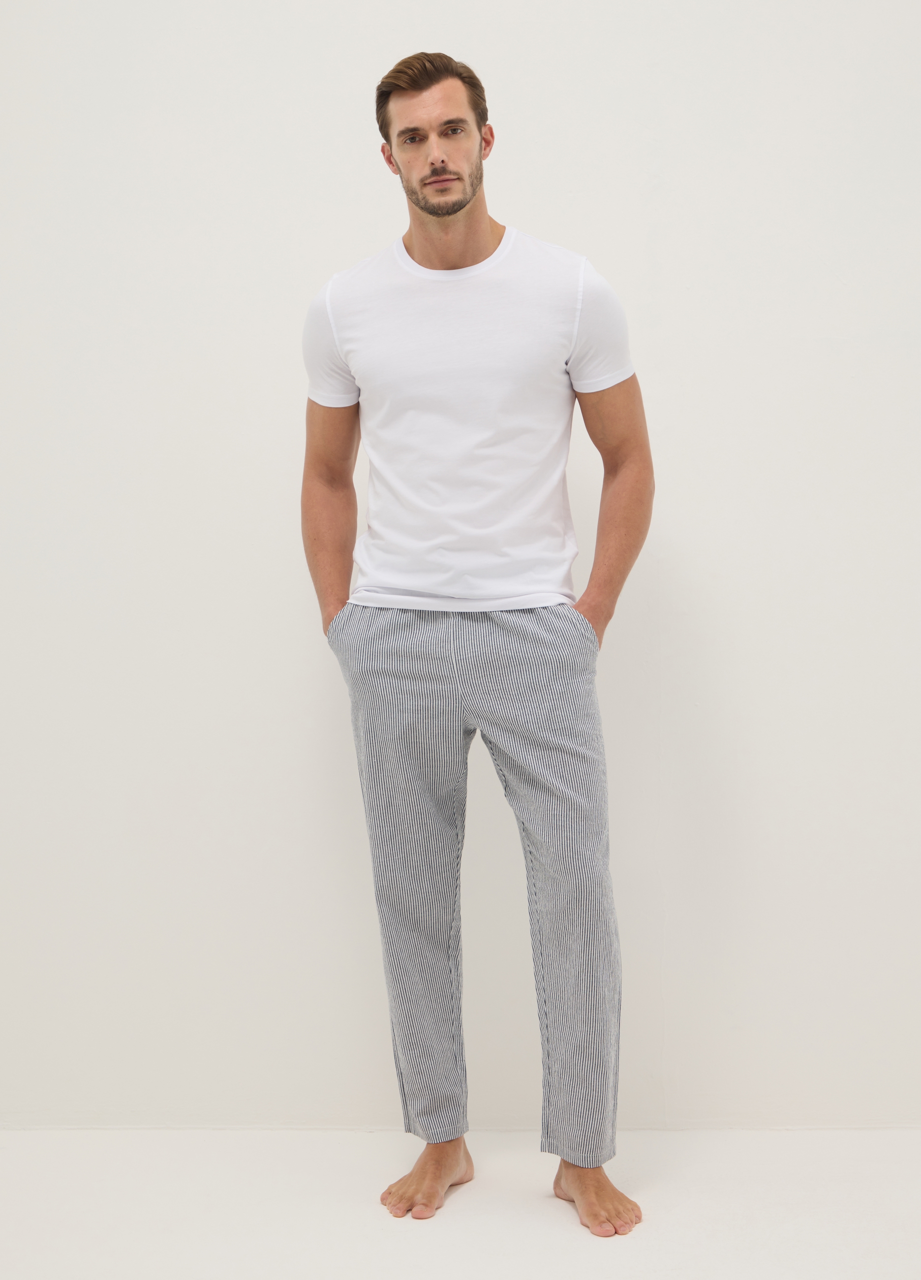 Pantalones Cortos De Pijama De Algodón Puro A Rayas Multicolor Regular Fit, Hombre, Blanco/azul, Talla: 40