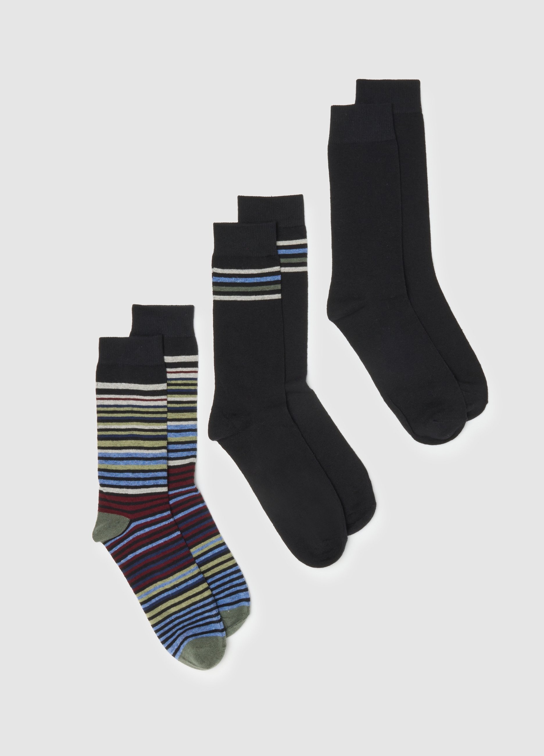 Tripack De Calcetines Cortos De Ajuste Regular En Mezcla De Algodón Con Rayas Multicolores, Hombre, Negro/azul, Talla: 43/46