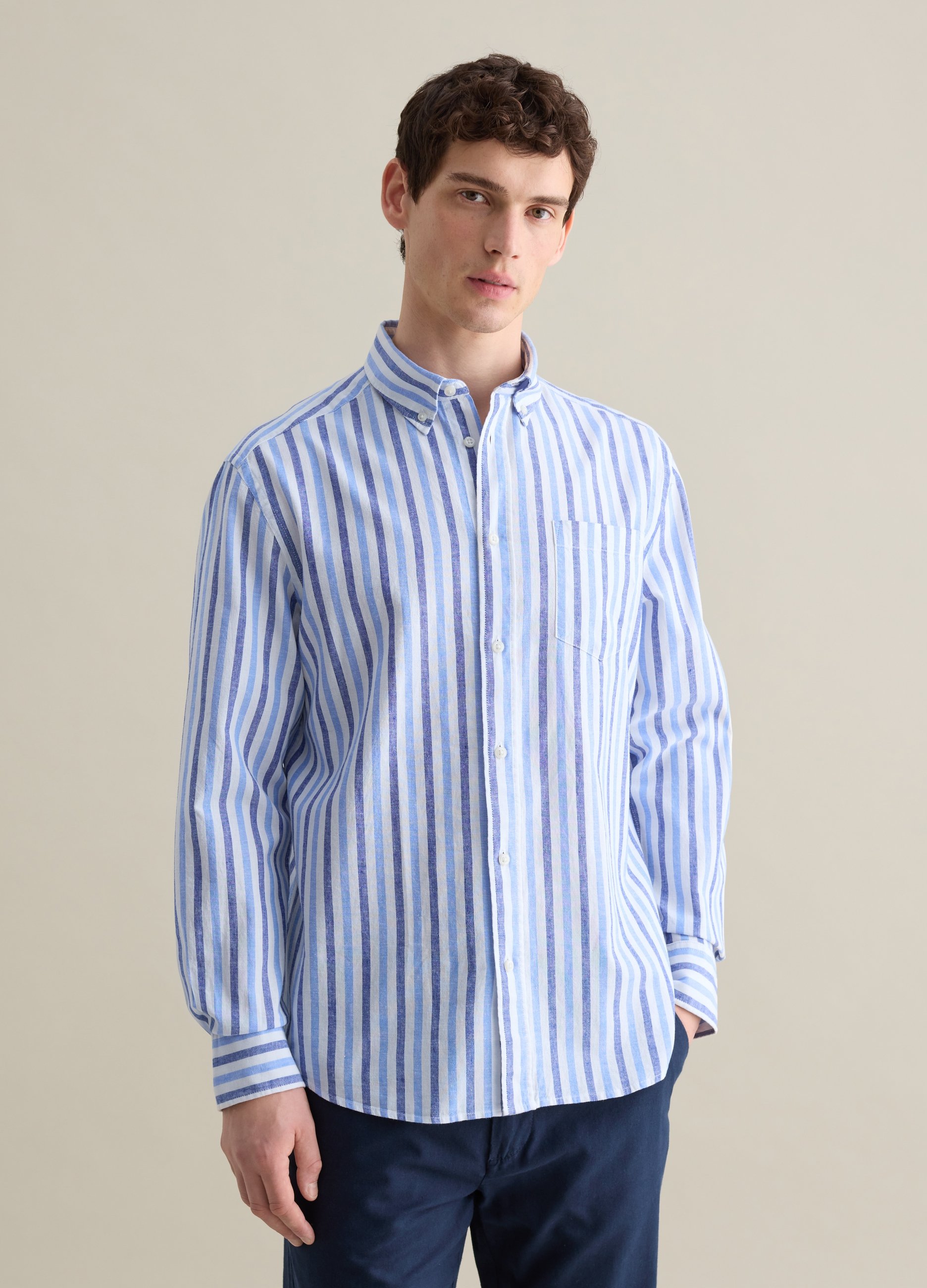 OVS, Camisa De Rayas Blancas Y Azules De Algodón Y Lino, Hombre, Blanco/azul, Talla: S